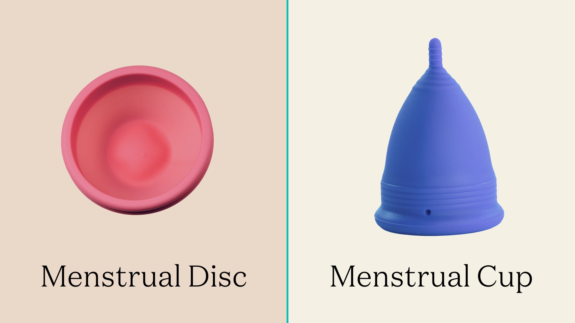 A pink menstrual disc on the left and a purple menstrual cup on the right