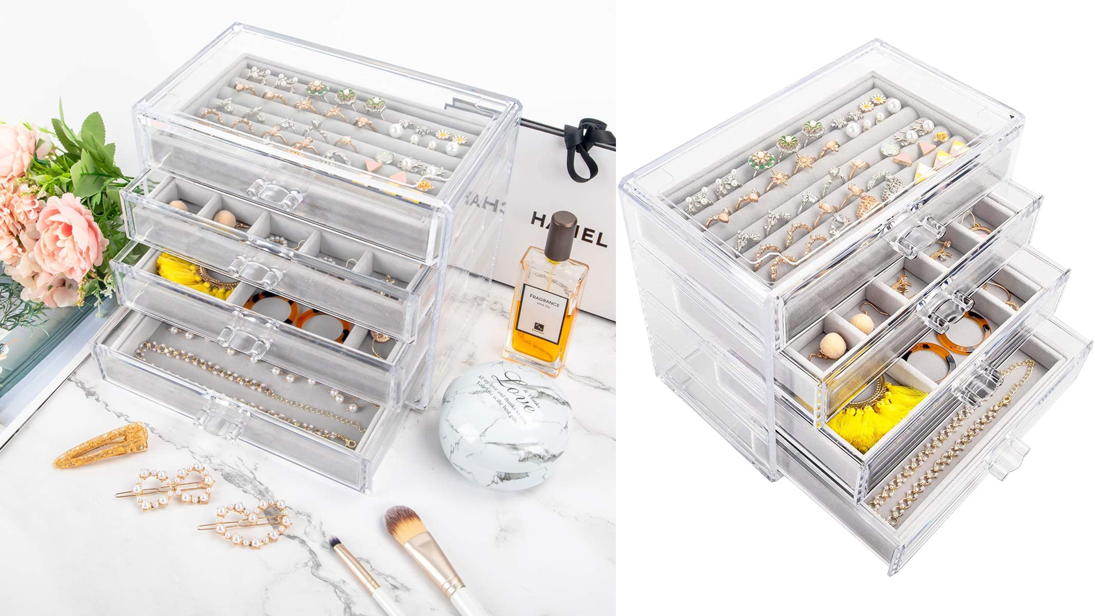acrylic jewelry box with inner velvet trays