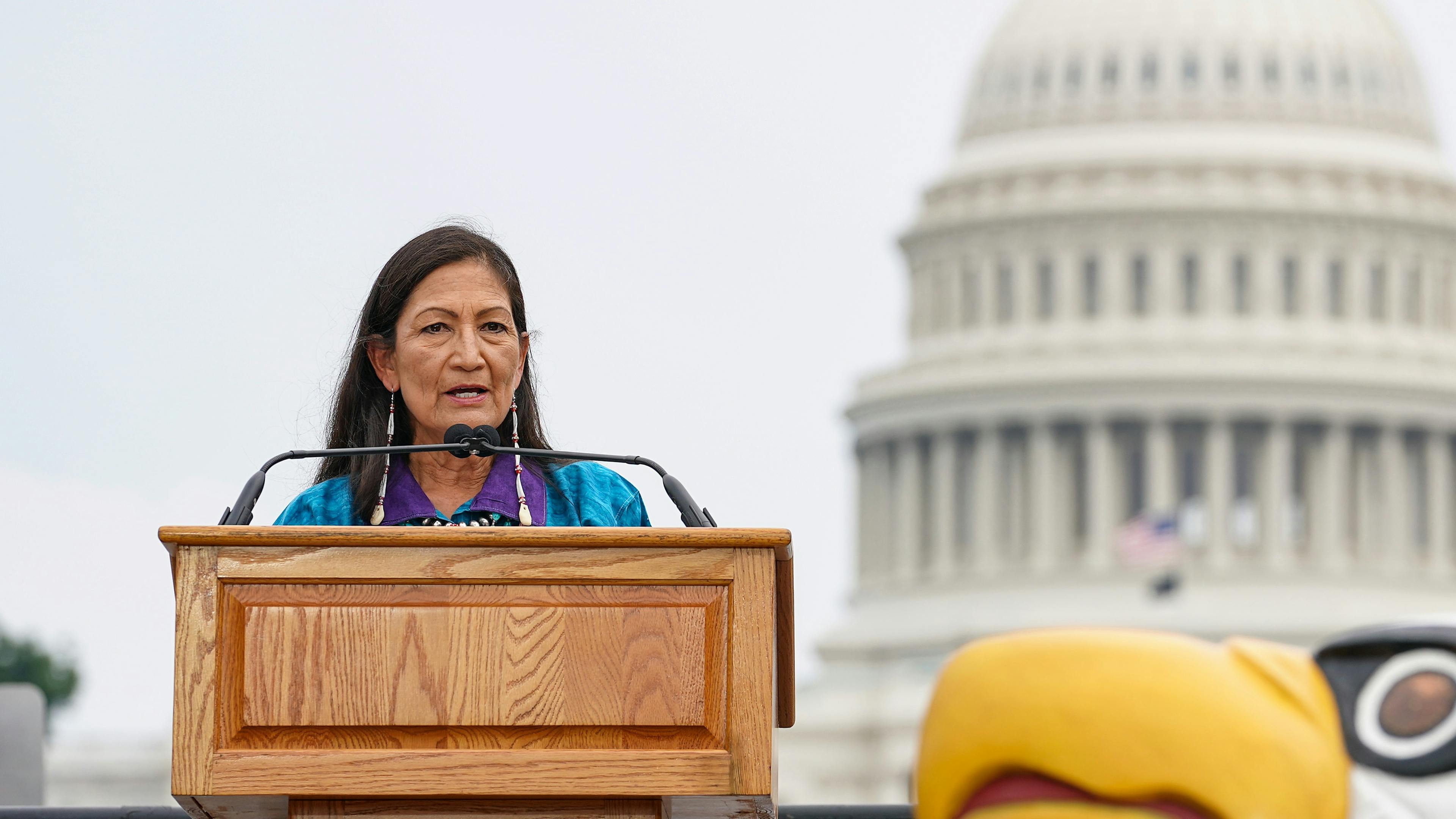 Secretary of the Interior Deb Haaland delivers remarks at an event in Washington, DC. 