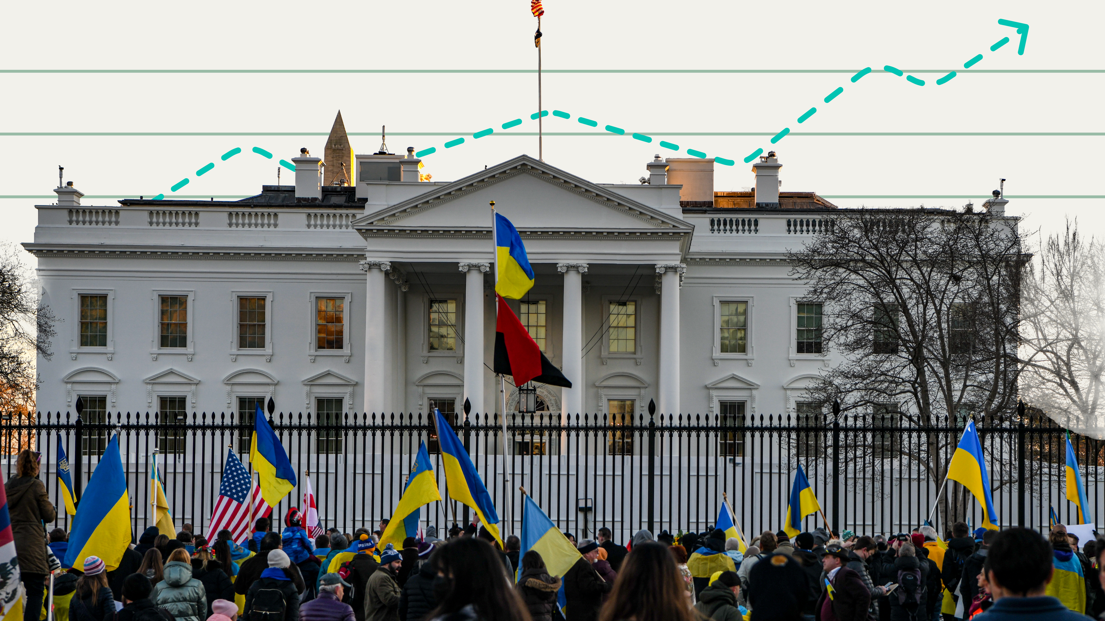 Demonstrators outside of the White House with Ukrainian flags