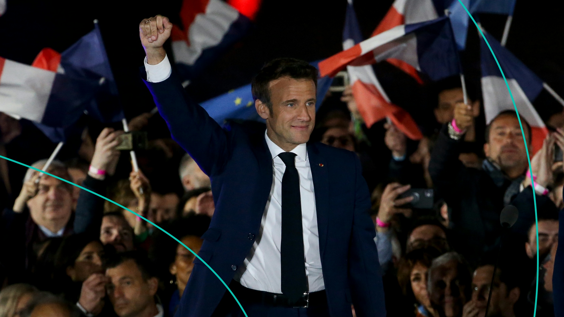 French President Emmanuel Macron celebrates his re-election at the Champ de Mars near the Eiffel Tower