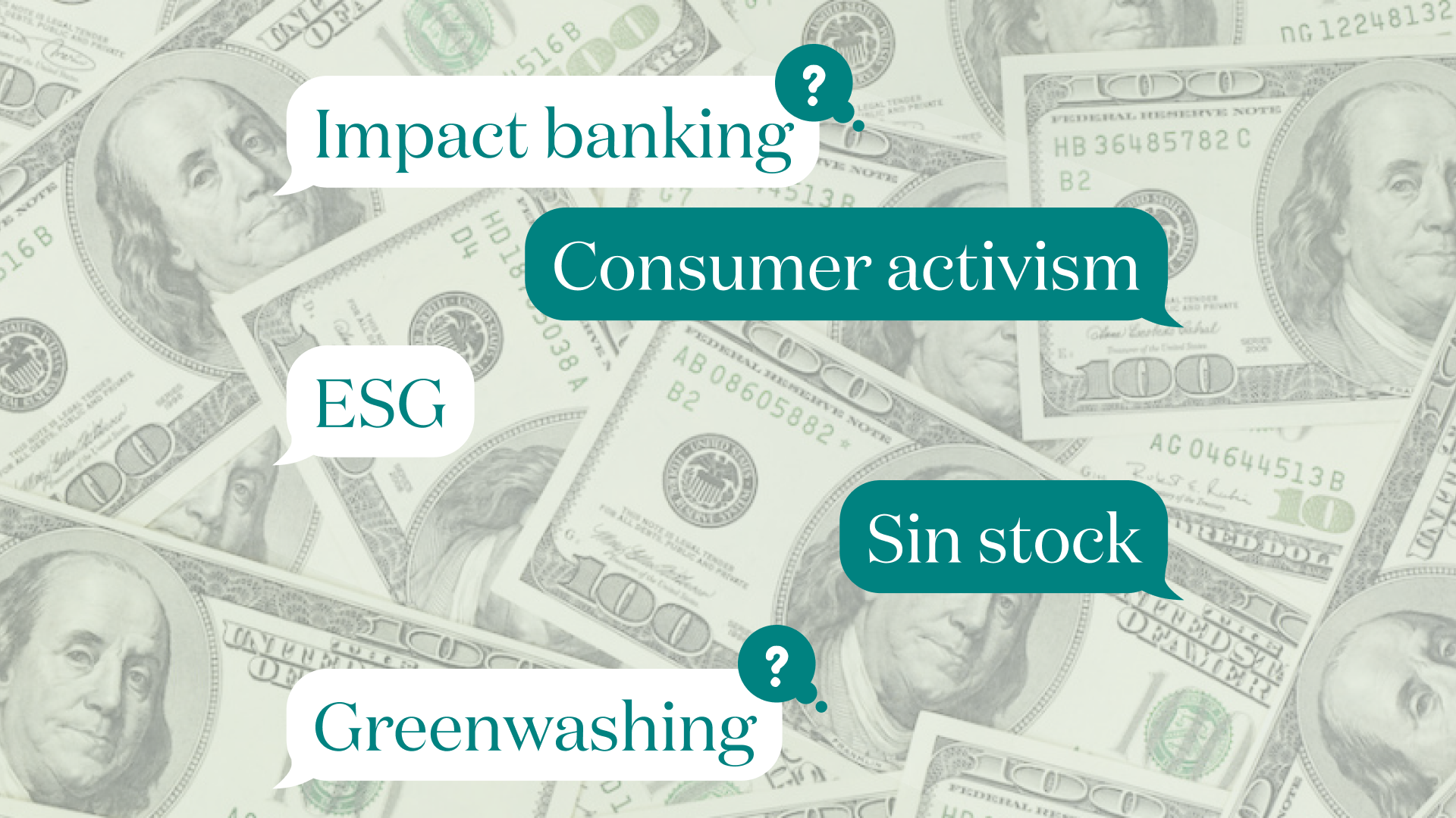 Sustainable investing terms over a background of money
