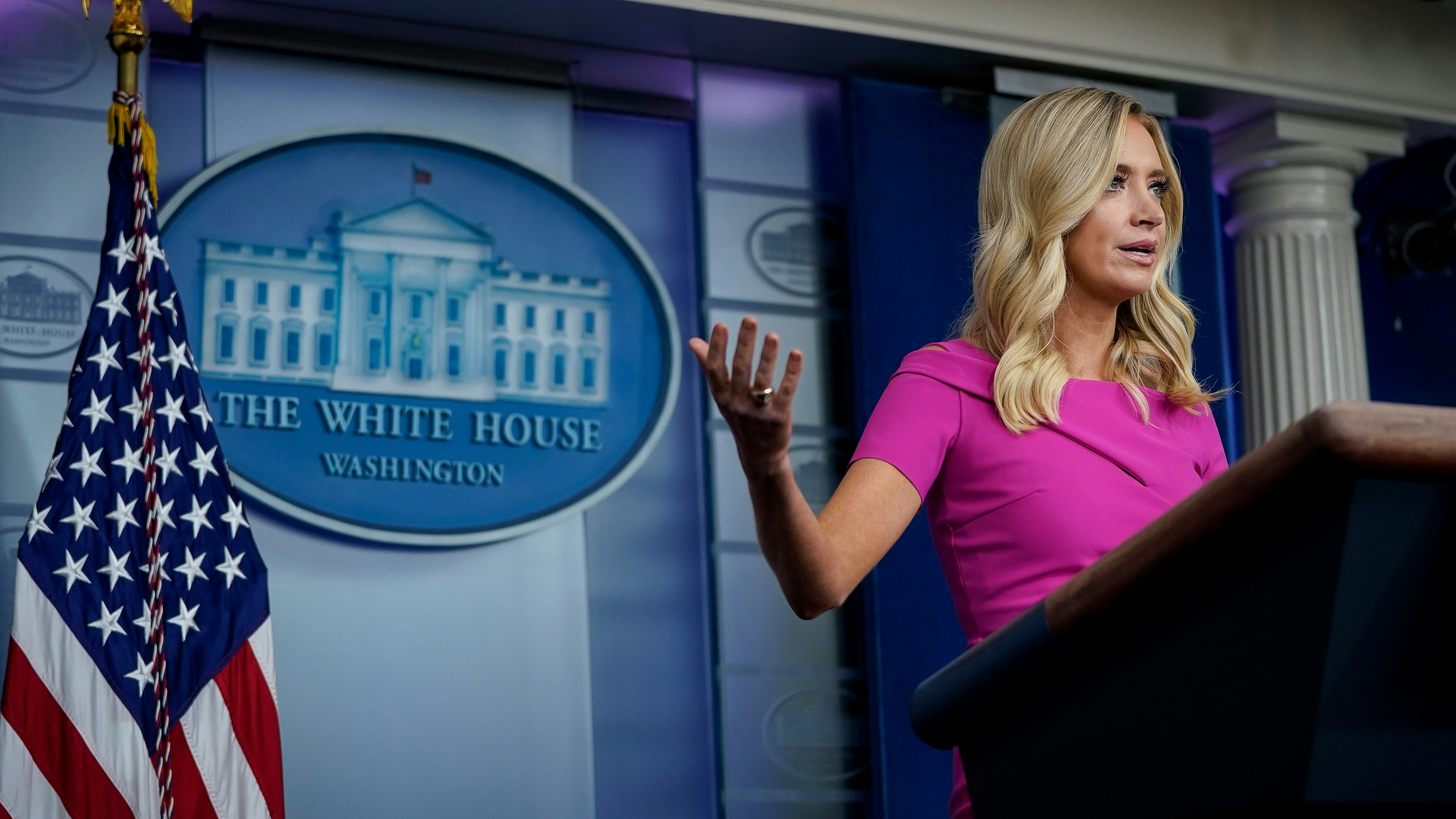 Press Secretary Kayleigh McEnany speaks during a press briefing at the White House.