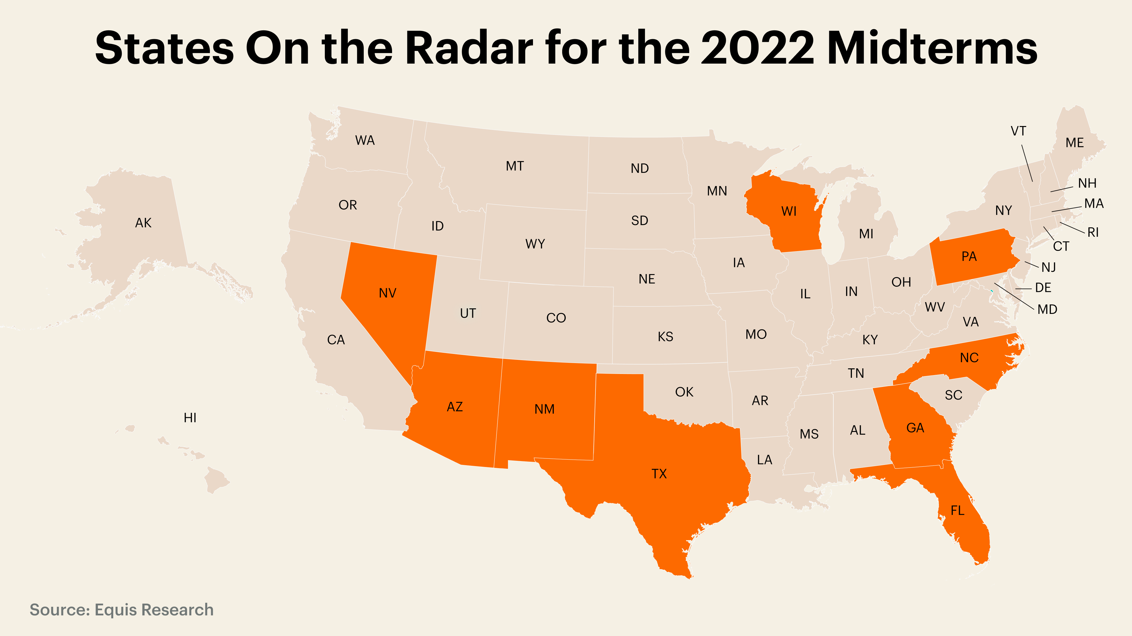 A map highlighting nine states where Latinx voters are being polled ahead of the 2022 midterms