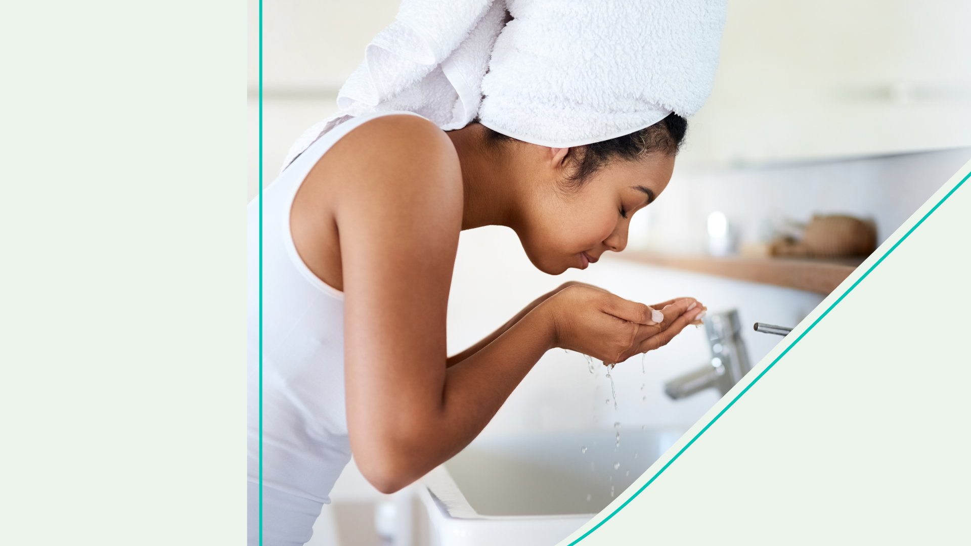Woman washing face at sink with towel on head 