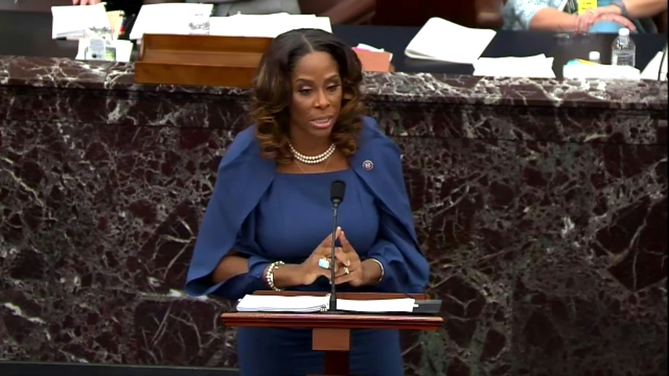 Del. Stacey Plaskett (D-Virgin Islands) speaks on the second day of former President Donald Trump's second impeachment trial at the U.S. Capitol on February 10, 2021 in Washington, DC.