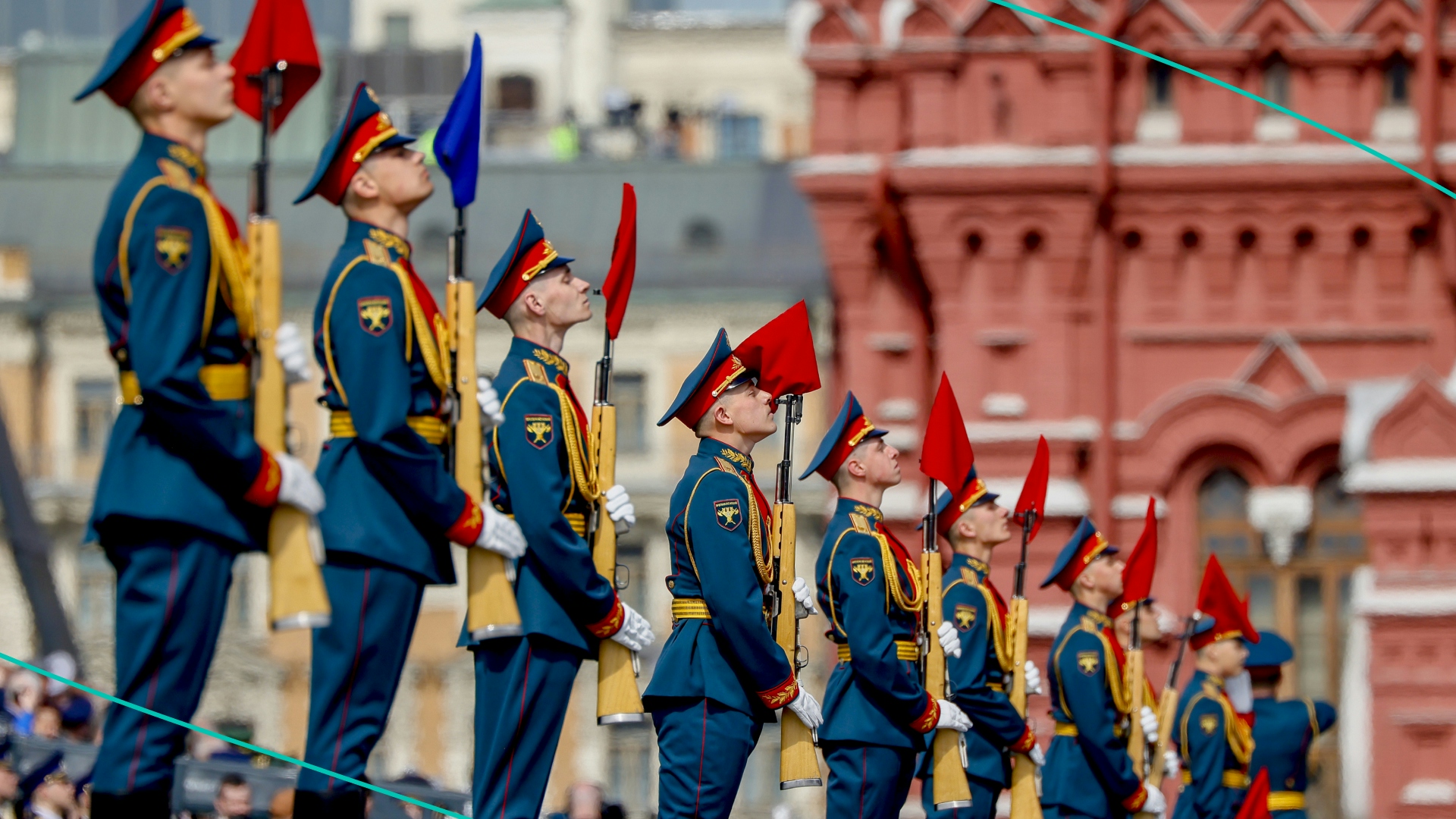 Russian soldiers walk to Red Square by passing through Tverskaya street during the rehearsal of Victory Day military parade marking the 77th anniversary of the victory over Nazi Germany in World War II, at Red Square in Moscow, Russia on May 07, 2022