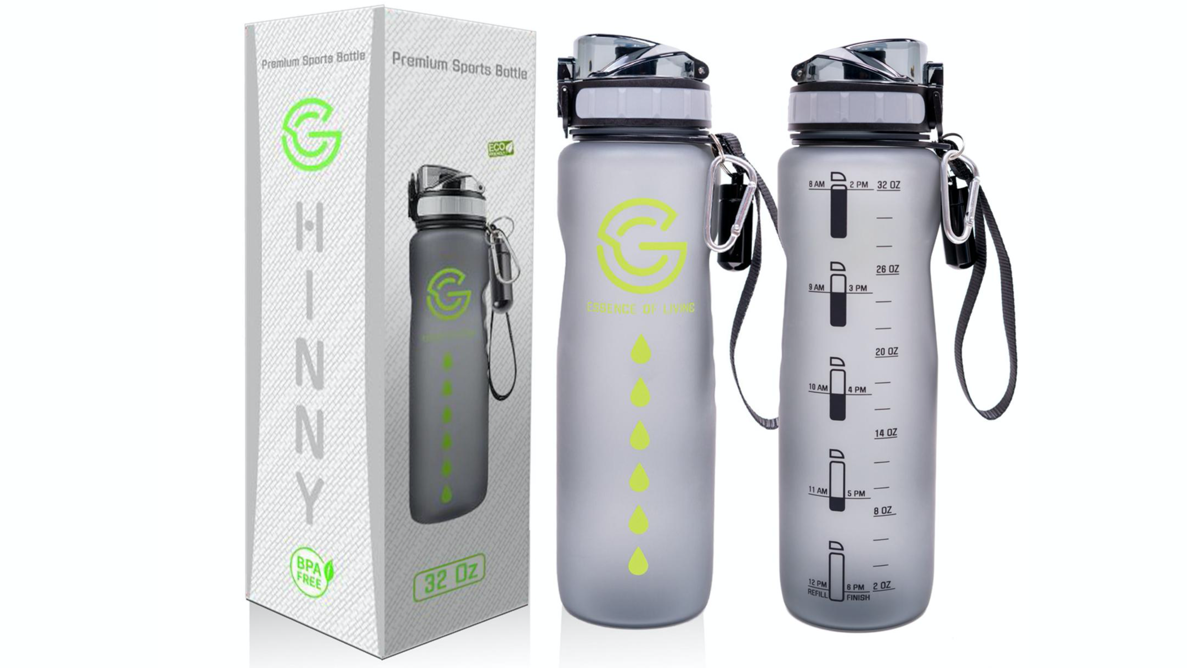 water bottle with time markers to help you track the amount of water you drink in a day