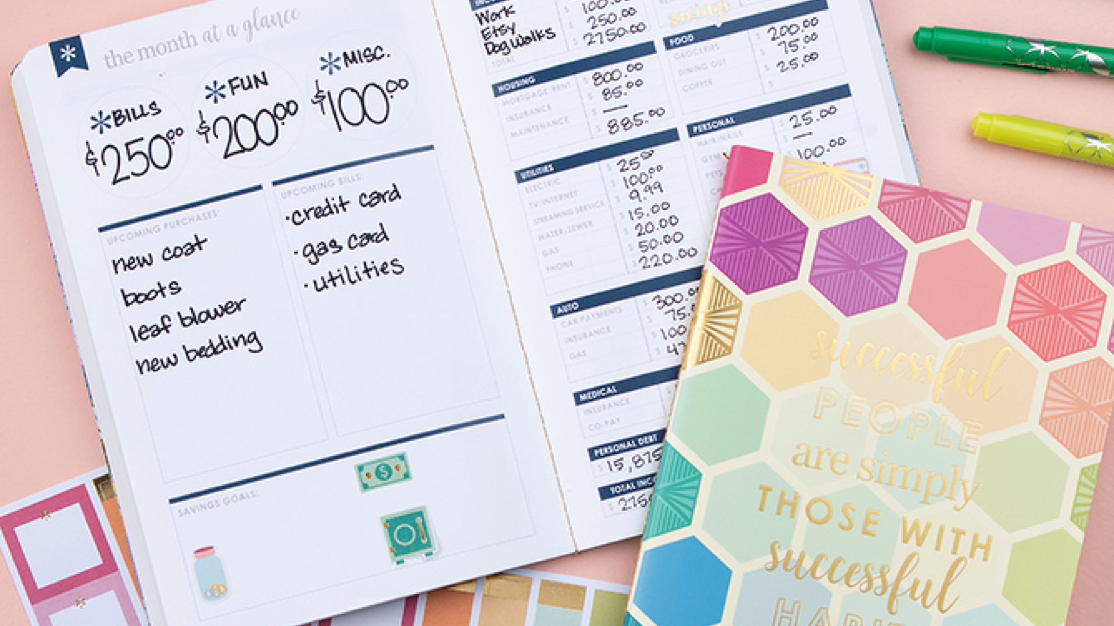 budgeting journal for personal finances, sticker pack, and markers