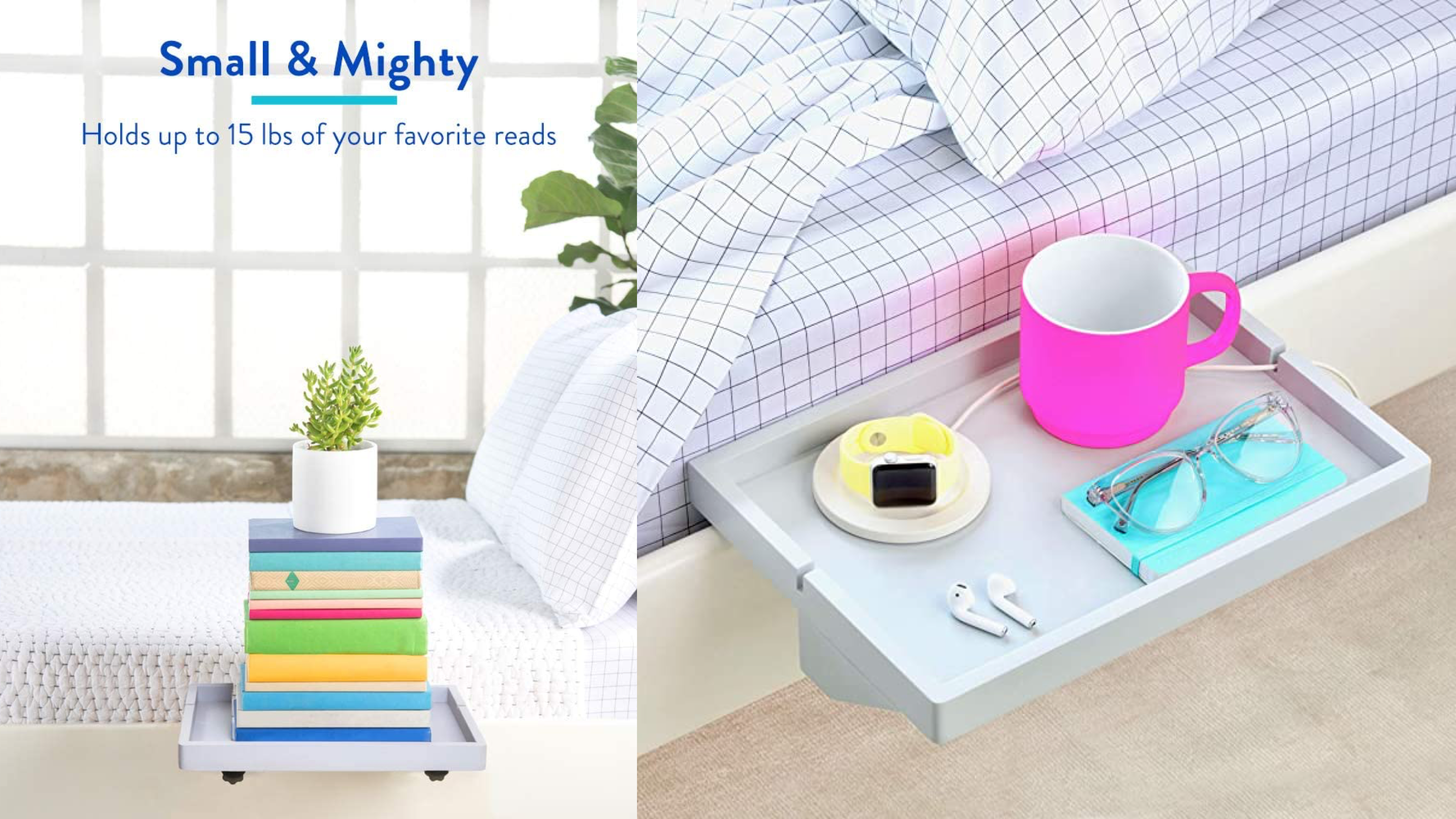 floating bedside shelf that can attach to a bed frame 