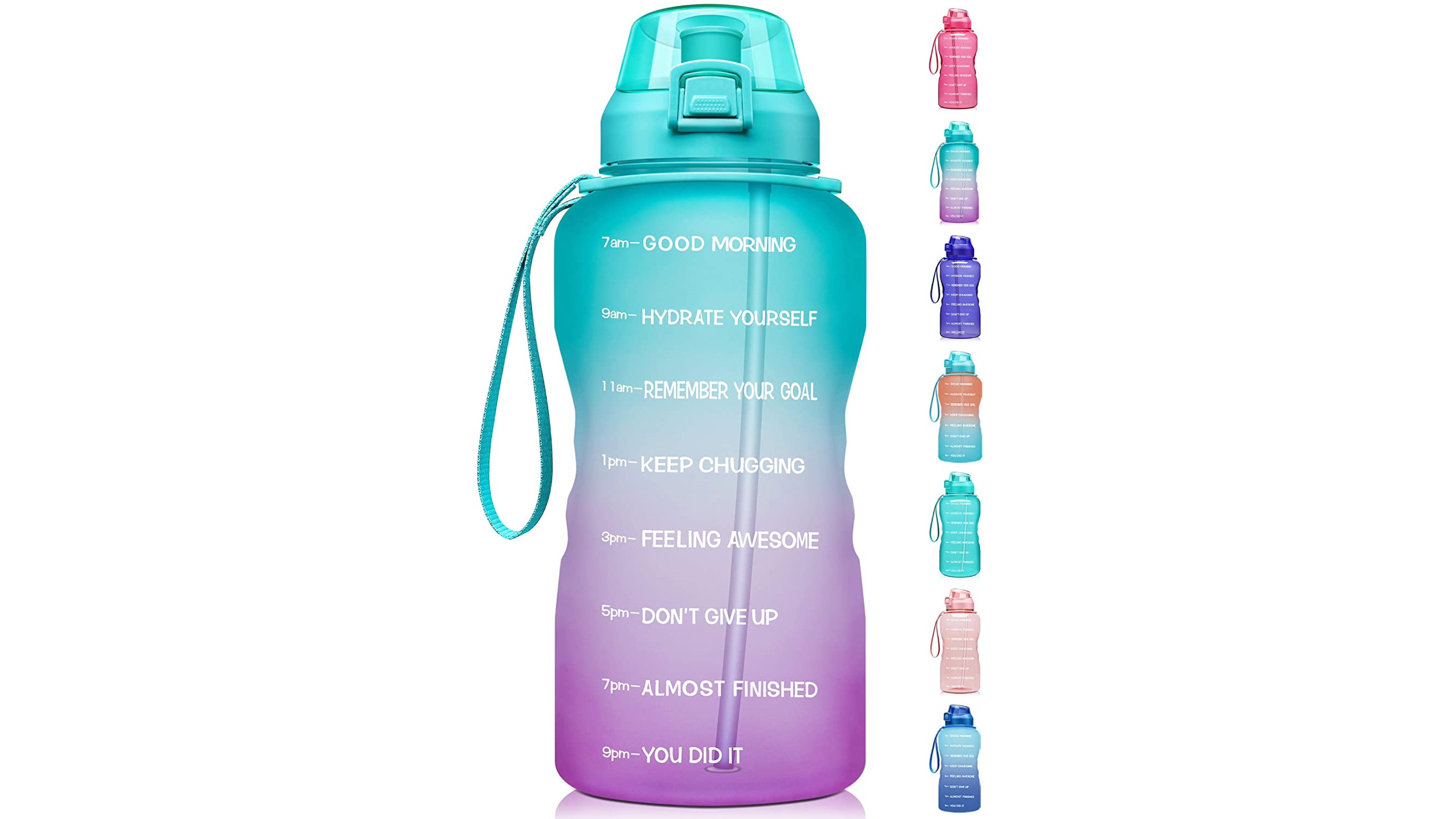 one gallon water bottle with time markers to keep you on track during the way