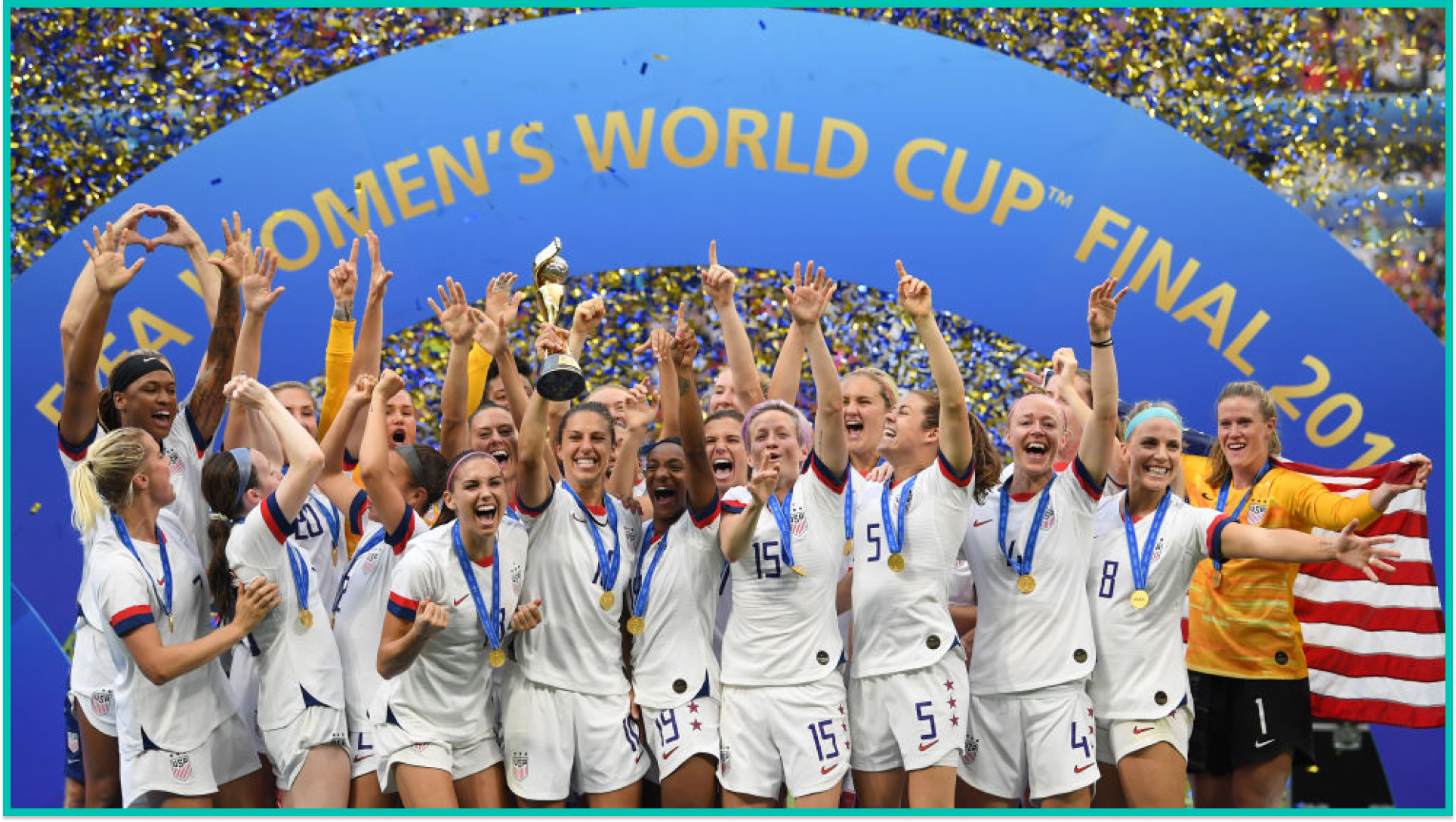 US Women's Soccer team posing after 2019 World Cup. 