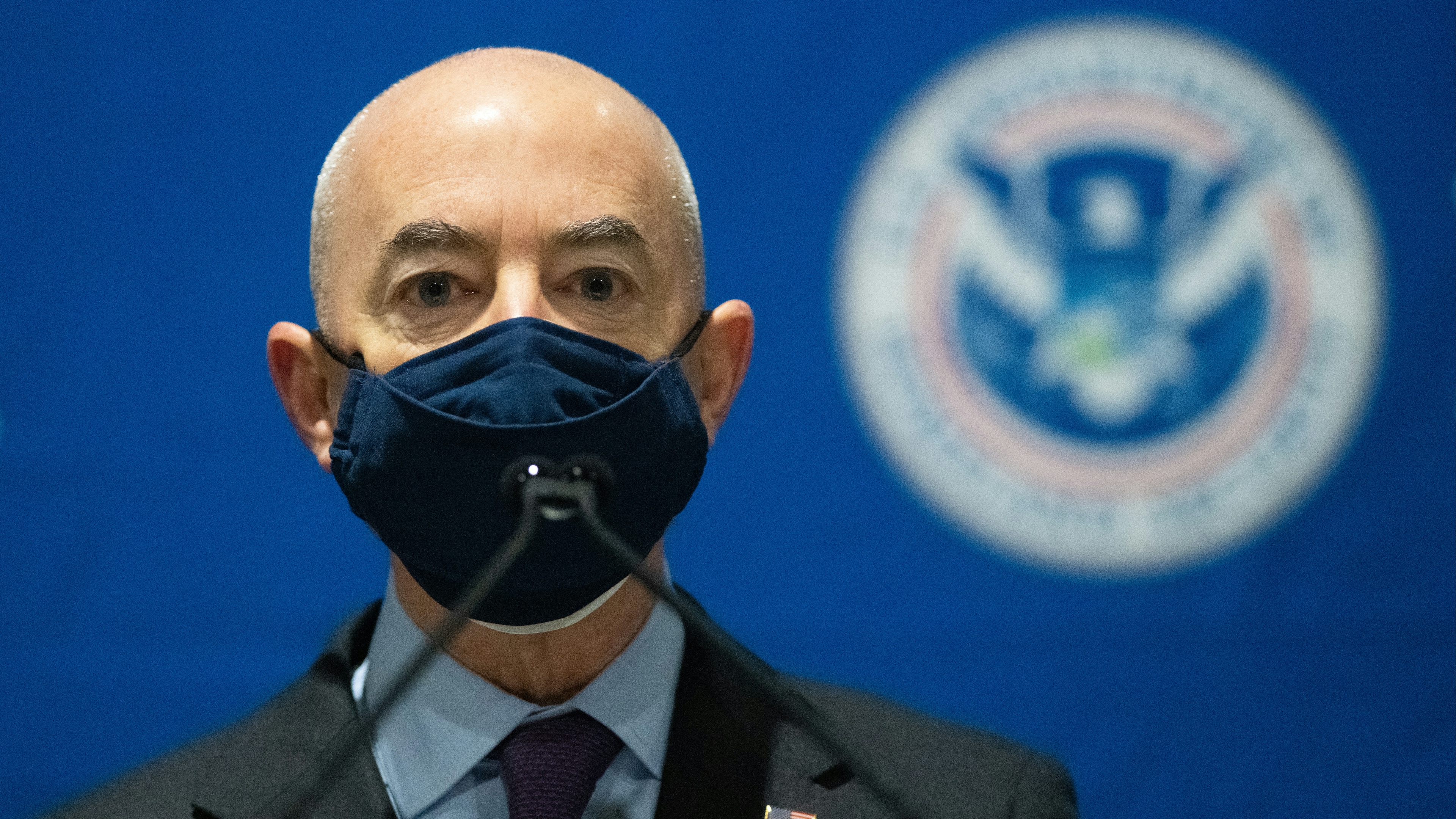 .S. Secretary of Homeland Security Alejandro Mayorkas delivers remarks while visiting a FEMA community vaccination center on March 2, 2021 in Philadelphia.