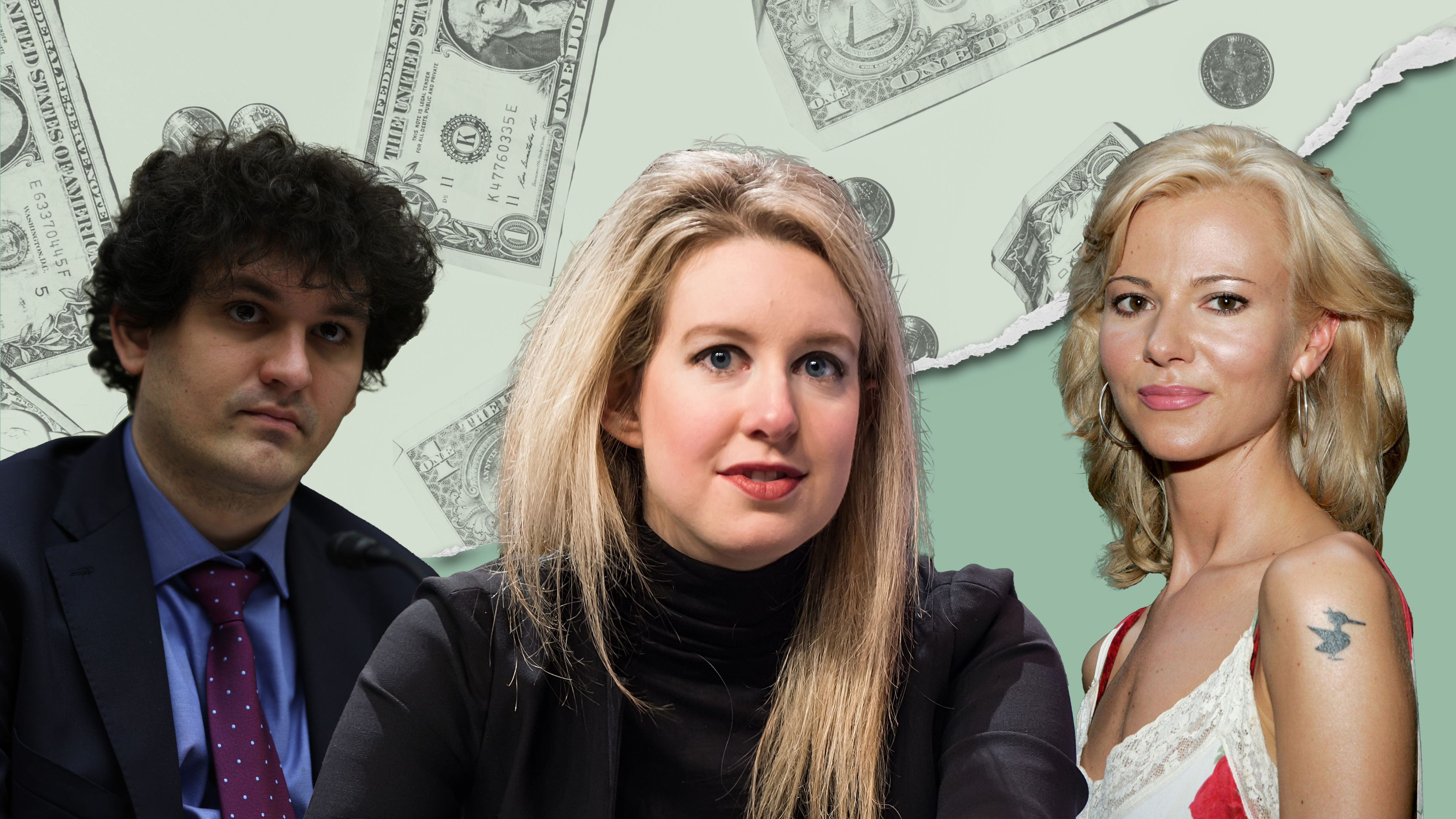 Images of Sam Bankman-Fried, Elizabeth Holmes, and Sarma Melngailis on top of money