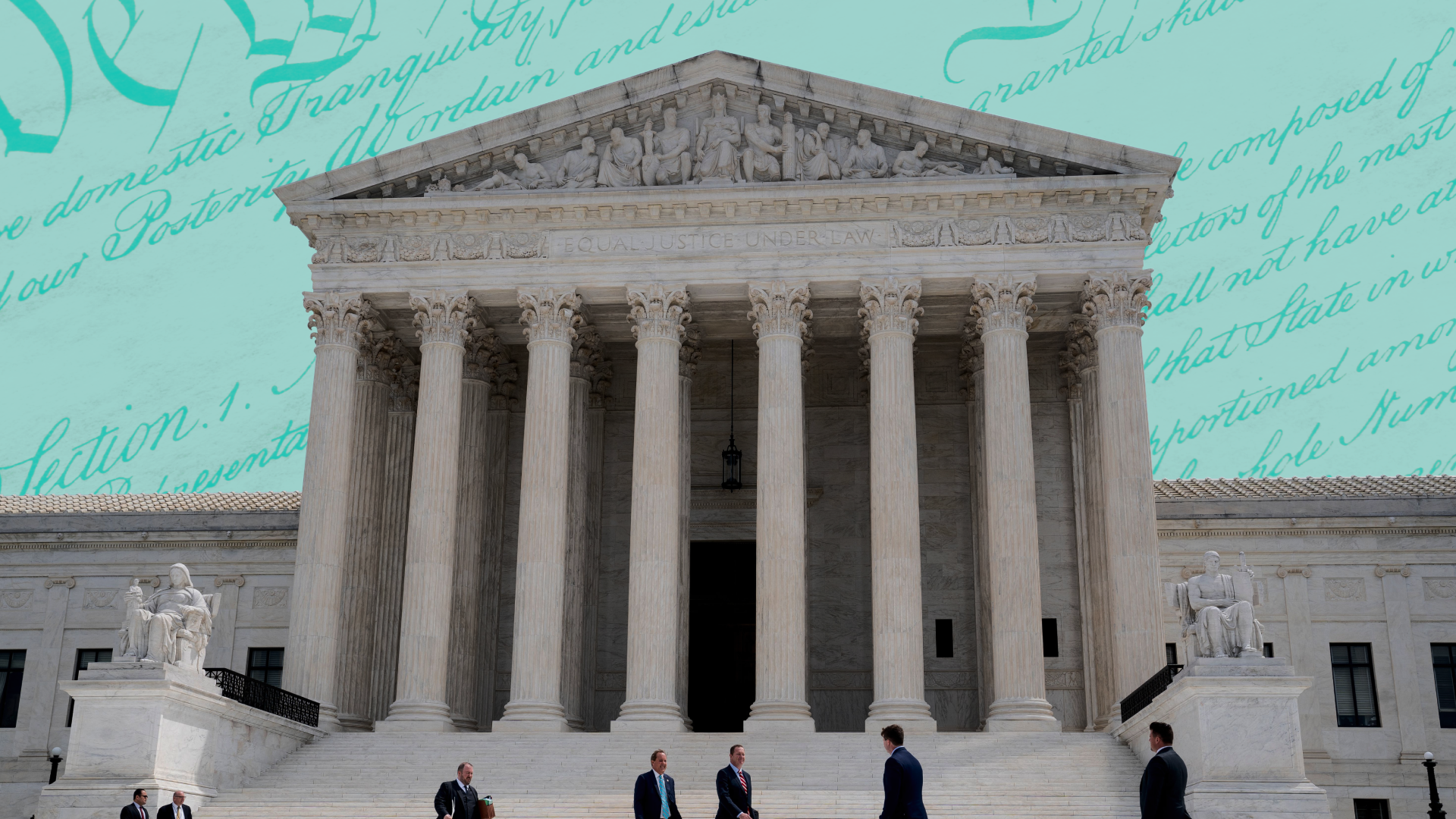 The Supreme Court building, with people in suits walking in front of it, against a background illustration of the text of the US Constitution