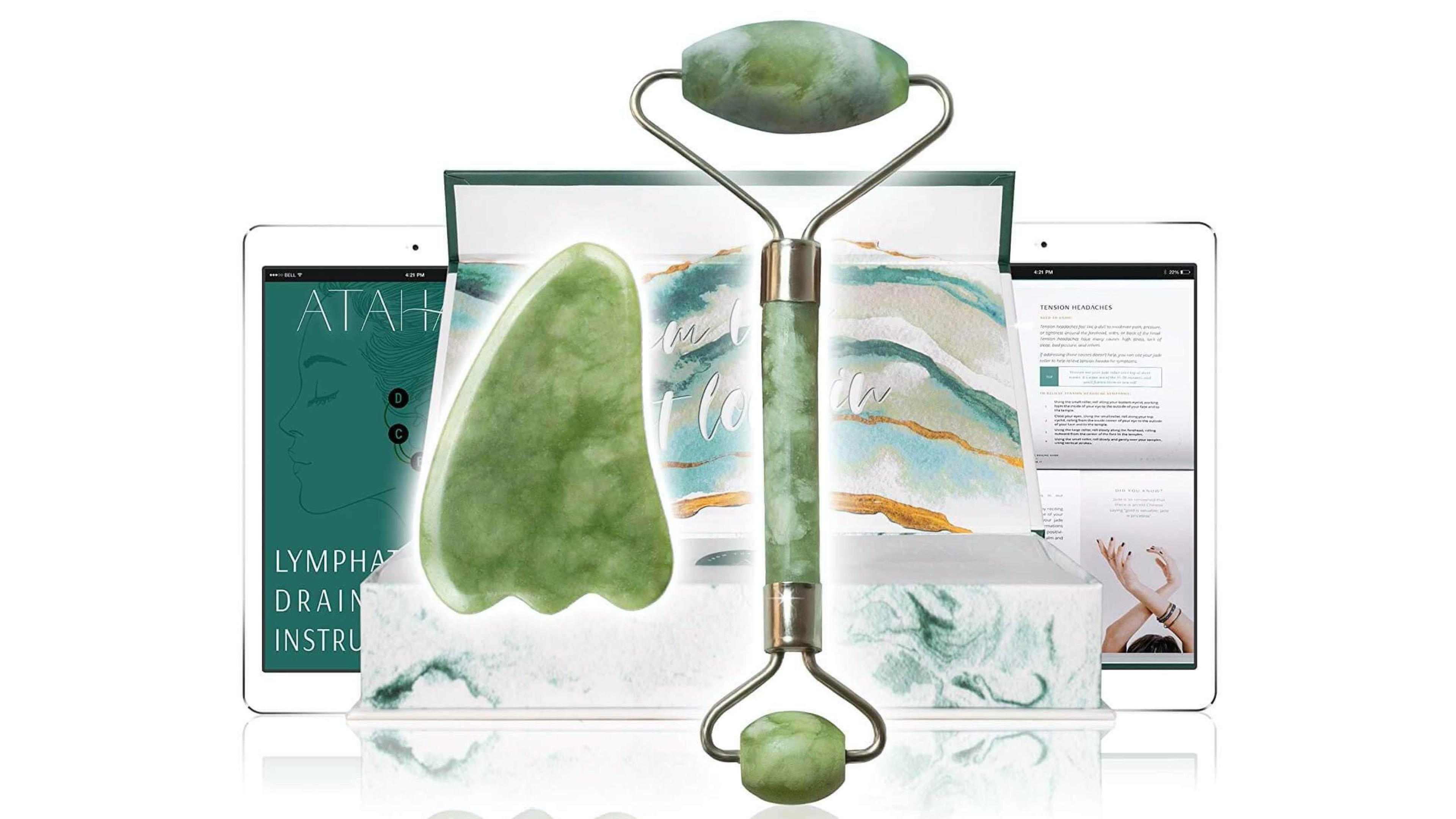 green jade roller set with gua sha tool to massage your face and improve circulation decrease puffiness