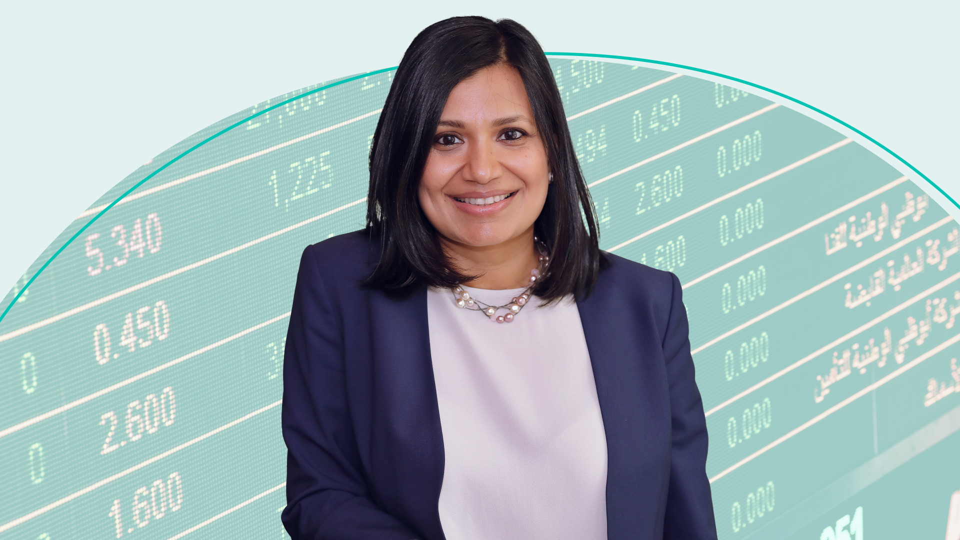 headshot of the Head of iShares® Investment Strategy, Americas at Blackrock Gargi Pal Chaudhuri against a Skimm-treated background with stock ticker symbols