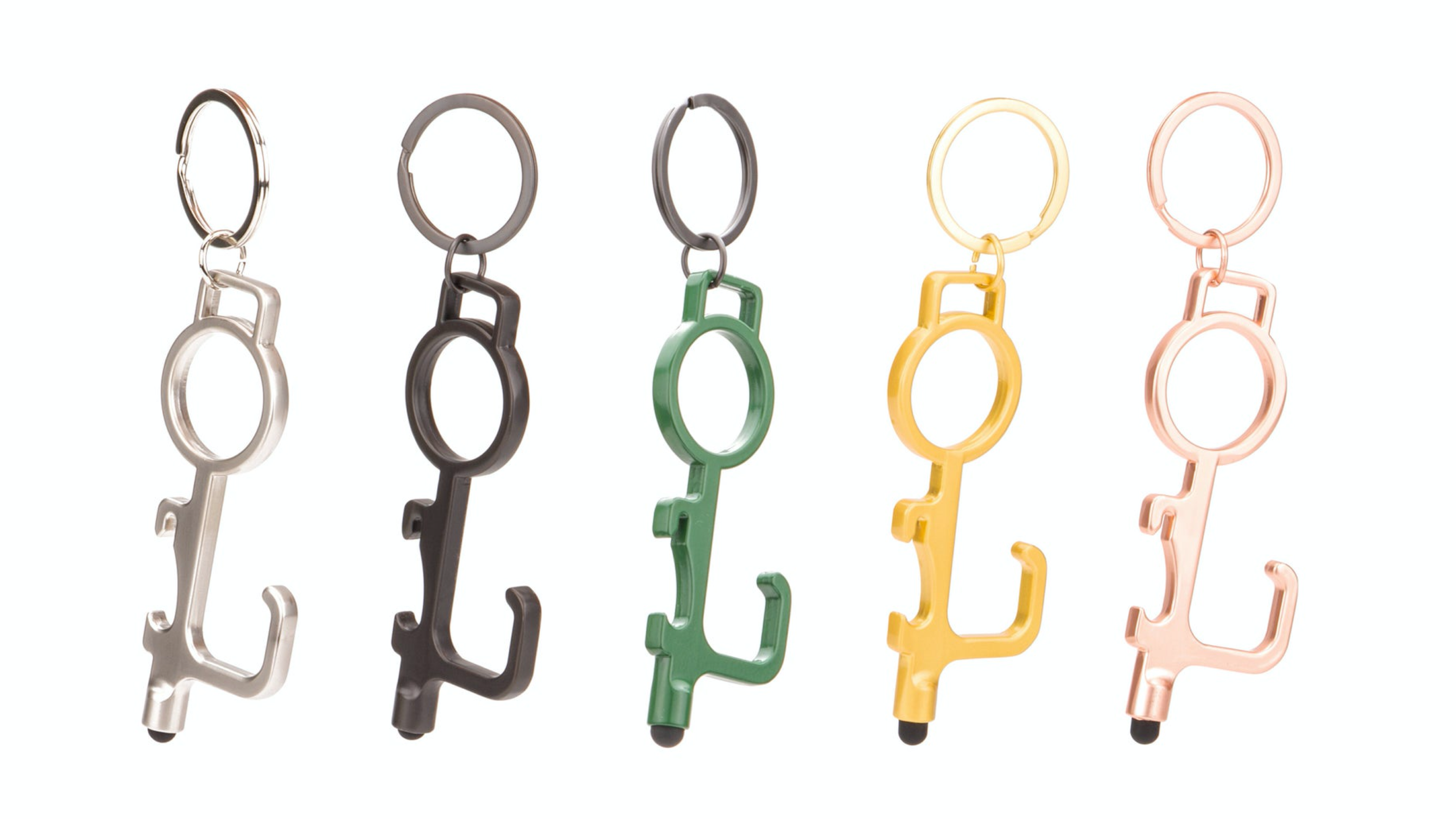 no touch tool keychain that'll open doors, is a stylus, and bottle opener