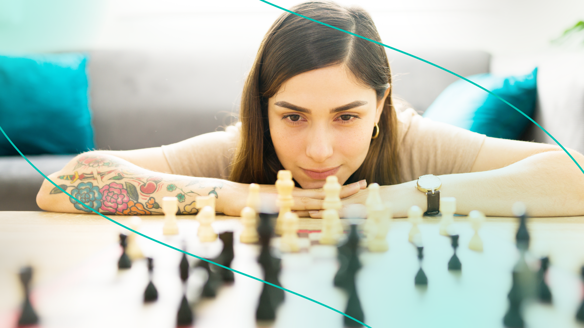 Woman staring at chess board