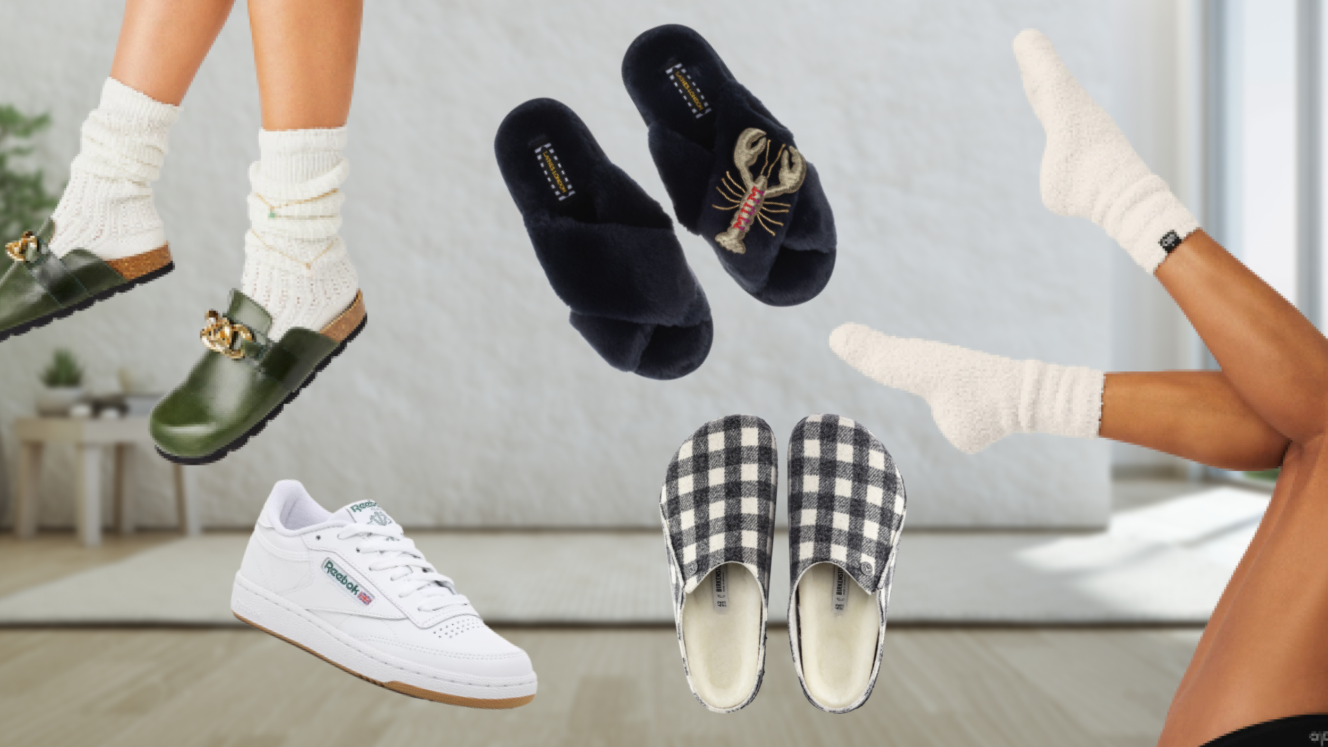 Cozy socks, house slippers, everyday sneakers and slip ons