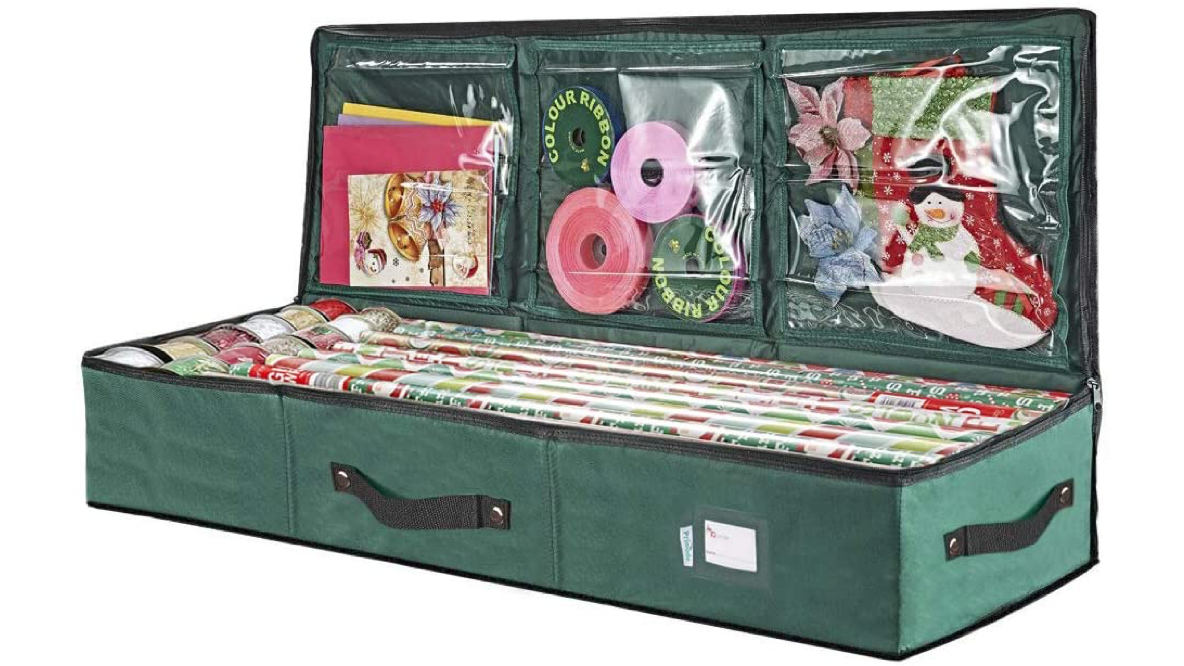 gift wrap storage with pockets for ribbons, tissue paper, tape, and holiday bags