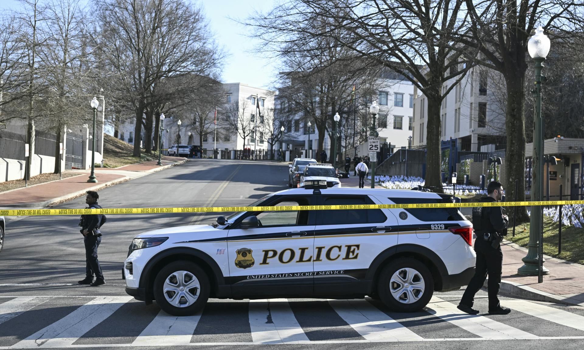 Police take security measures and investigate the crime scene after 25-year-old Aaron Bushnell, an active-duty member of the US Air Force, set himself on fire Sunday outside the Israeli Embassy in Washington, D.C