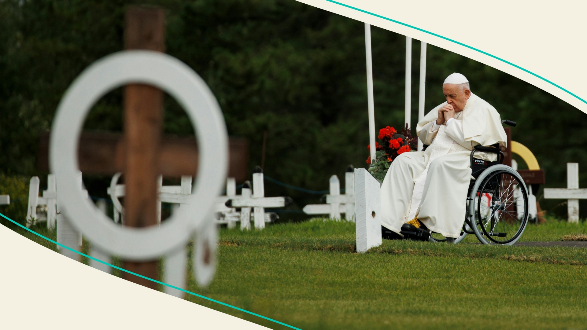 Pope Francis prays during a pause in the Ermineskin Cemetery during his visit on July 25, 2022 in Maskwacis, Canada. 
