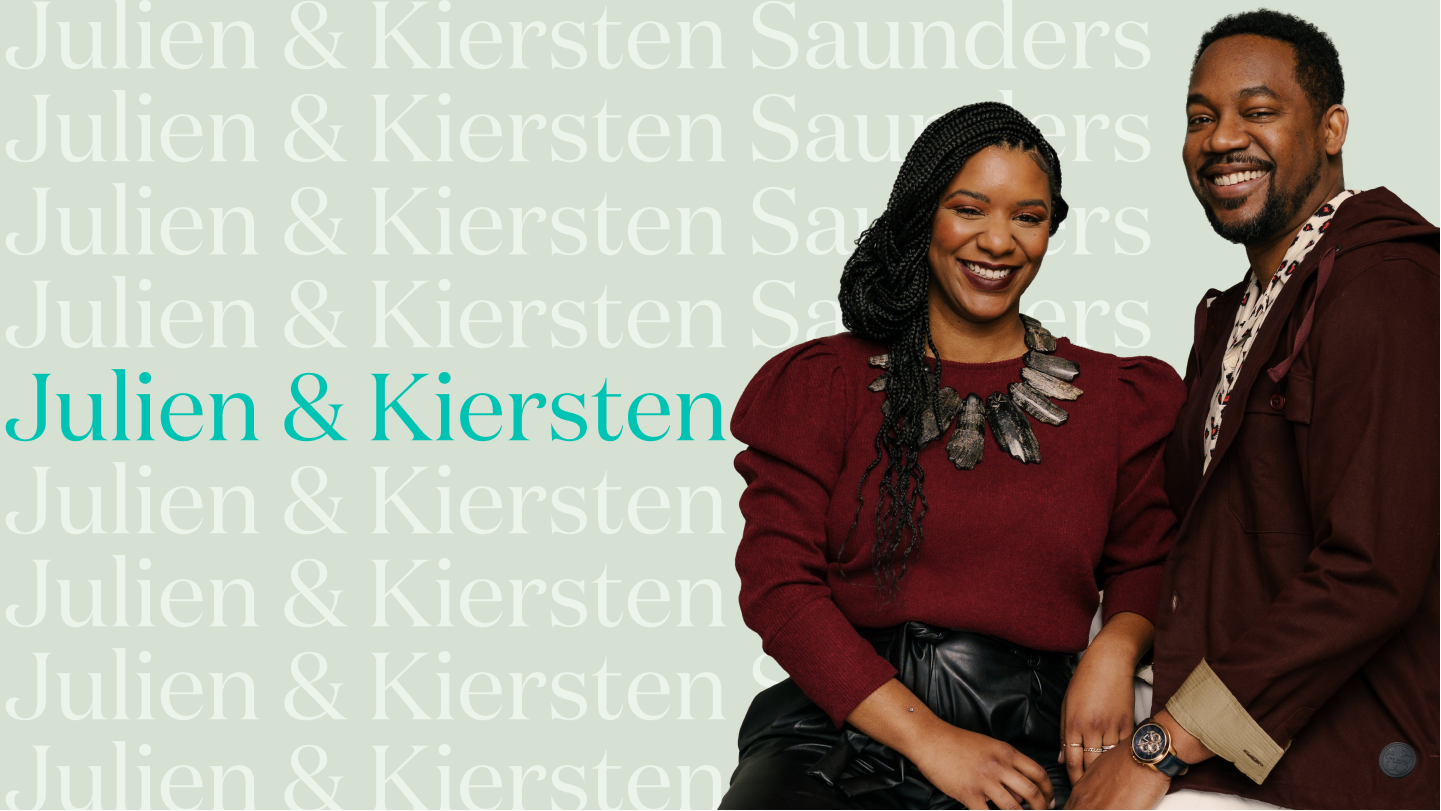 Kiersten and Julien Saunders with teal background