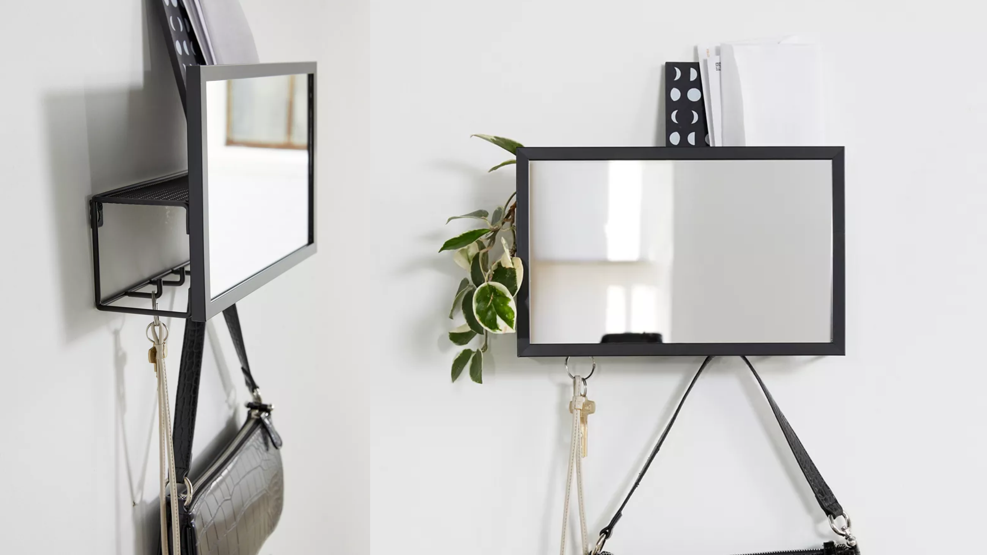 entryway organizer with hooks, a tiny shelf, and a mirror