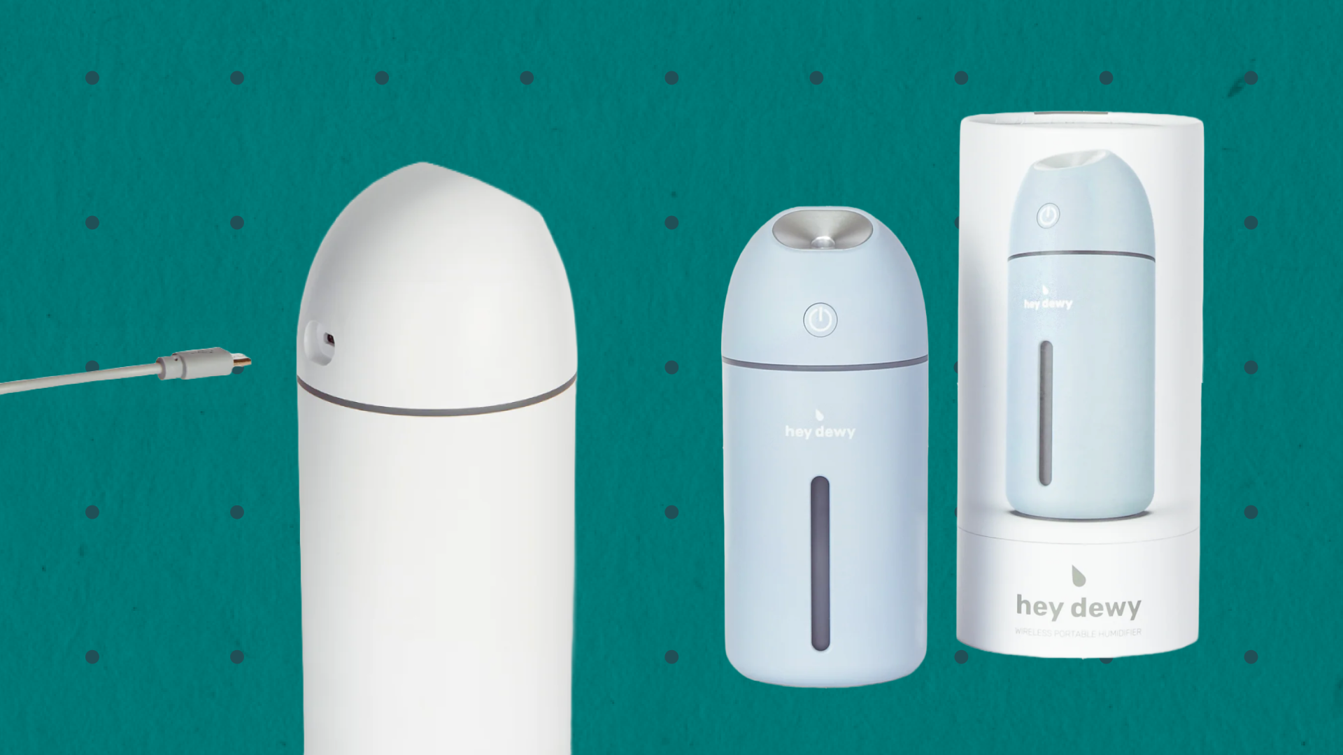 Three Hey Dewy portable humidifiers in varying colors, the one at far left shown with USB charger