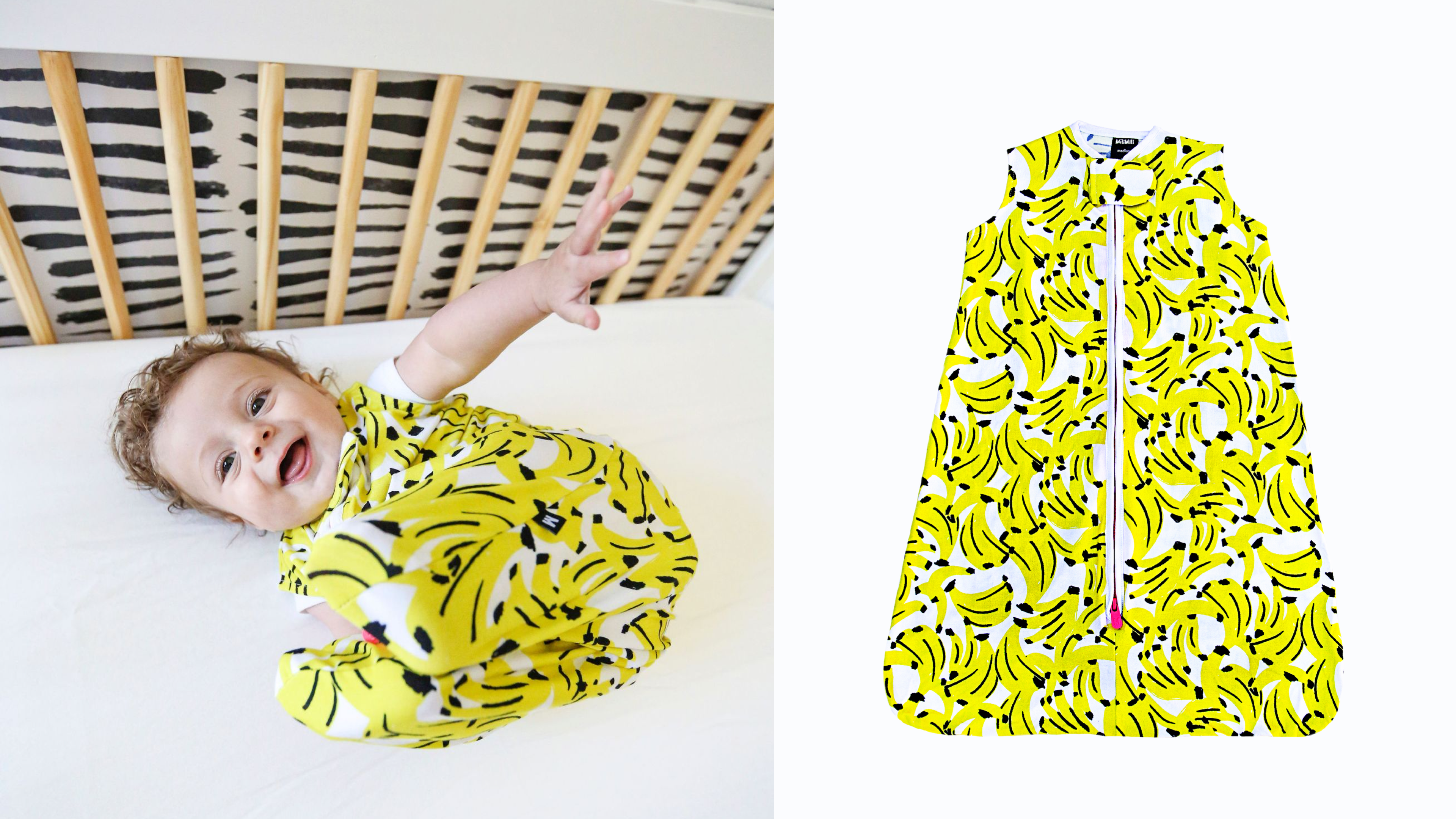soft fabric sleep sack for babies with an adorable yellow banana pattern