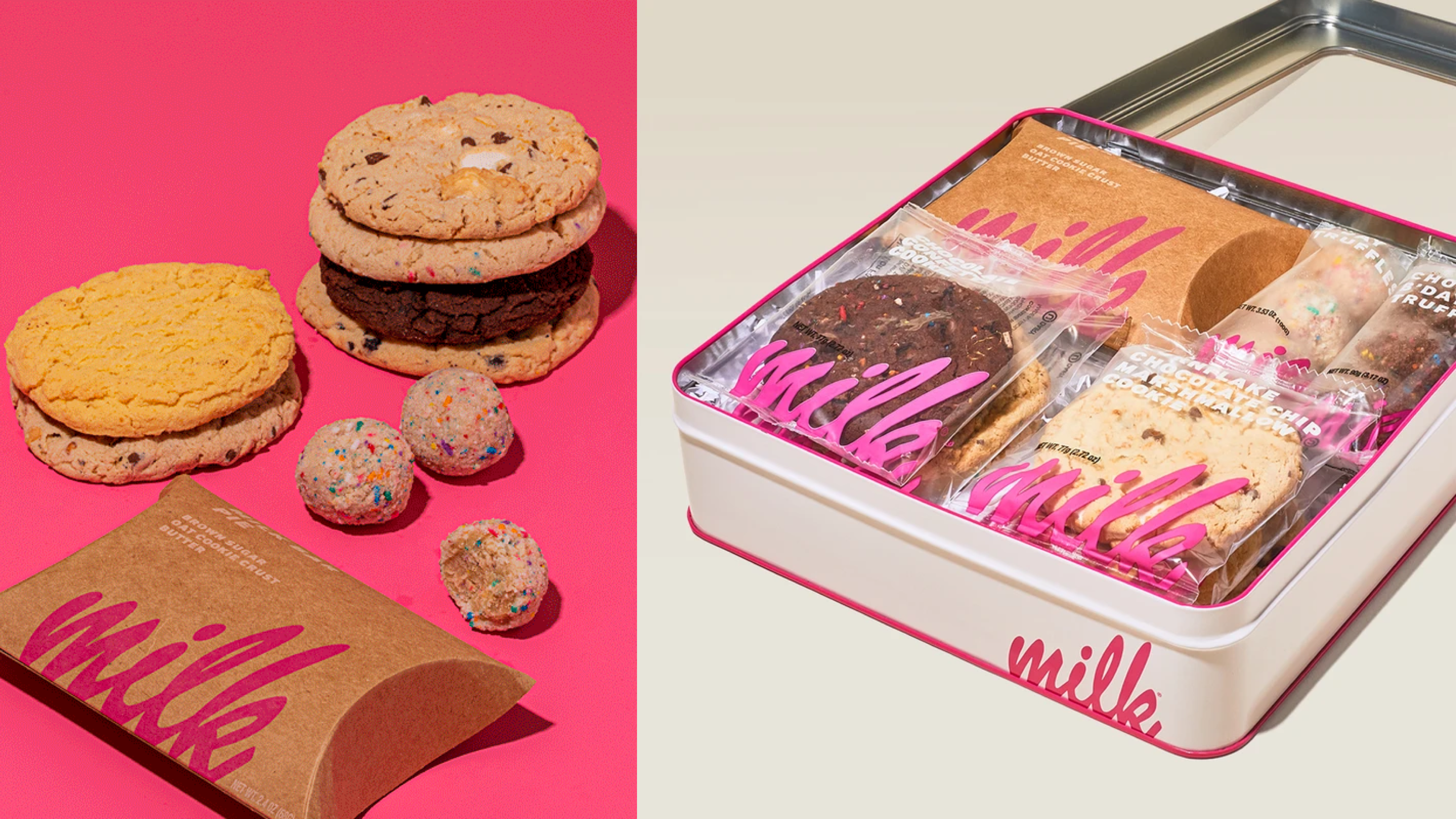 milk bar sweets box with truffles, pie, and cookies
