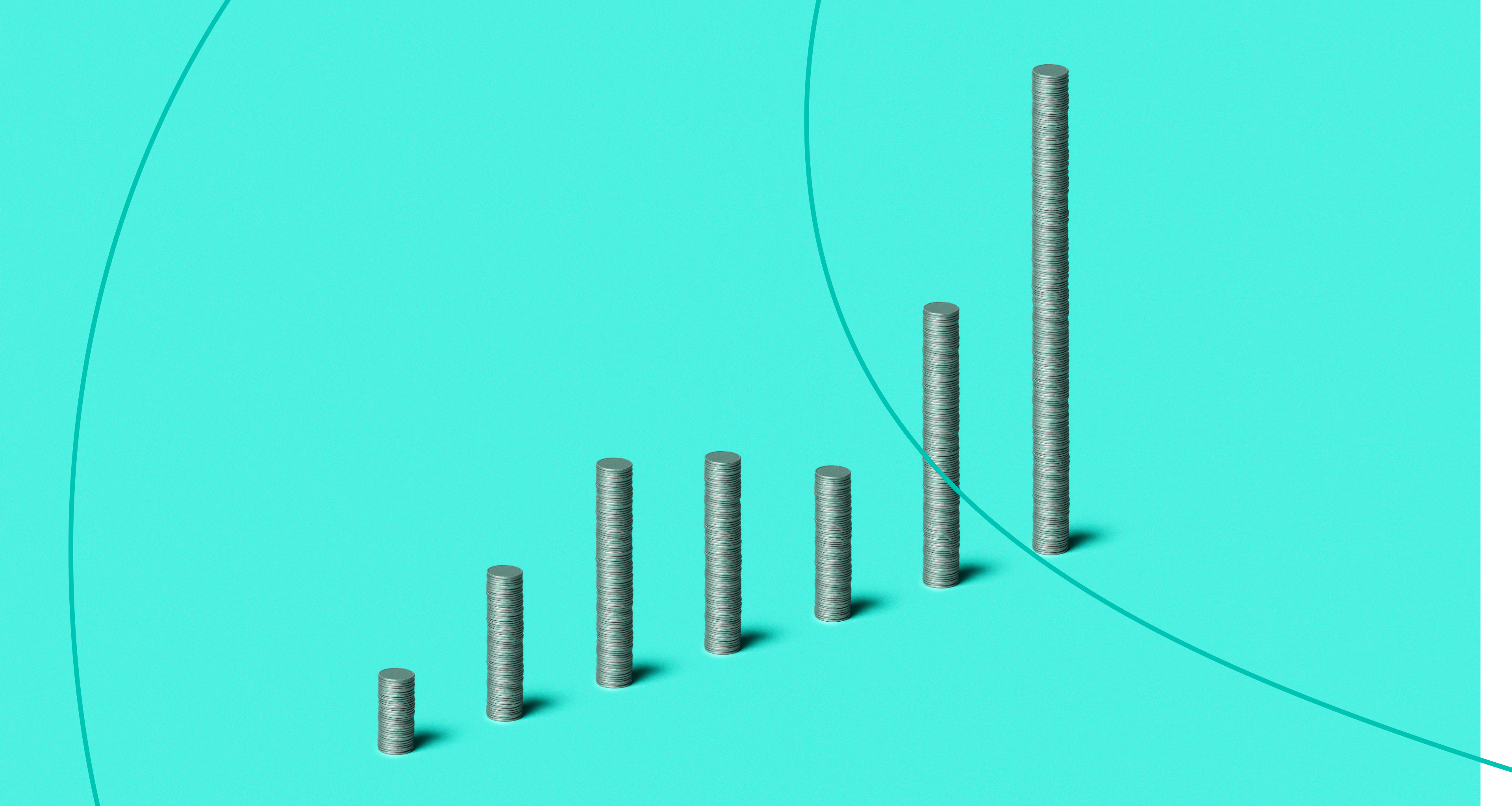 A vertical image of 7 coin stacks going up, down and then exponential up, conceptually looking like a graph on a turquoise light green background