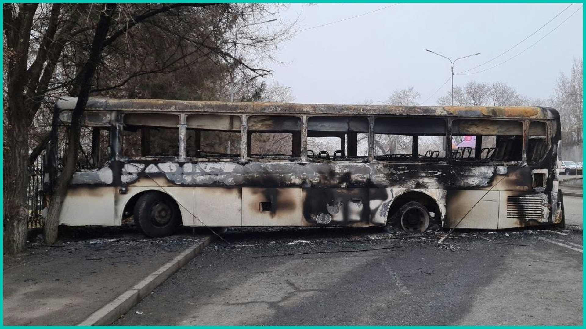A photo shows damaged bus at a street aftermath of protests in Almaty of Kazakhstan