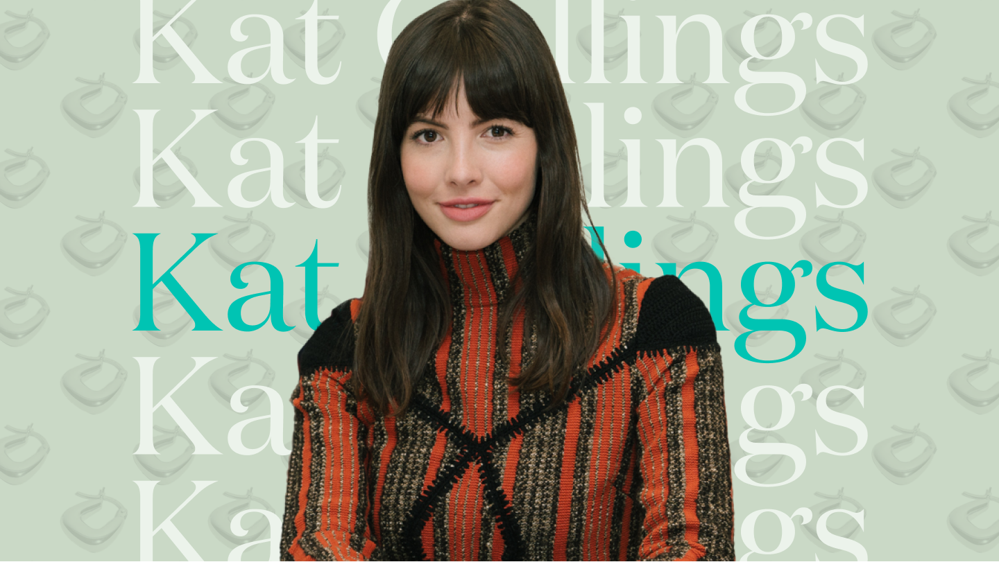 Image of Kat Collings, editor-in-chief of Who What Wear, in front of teal background