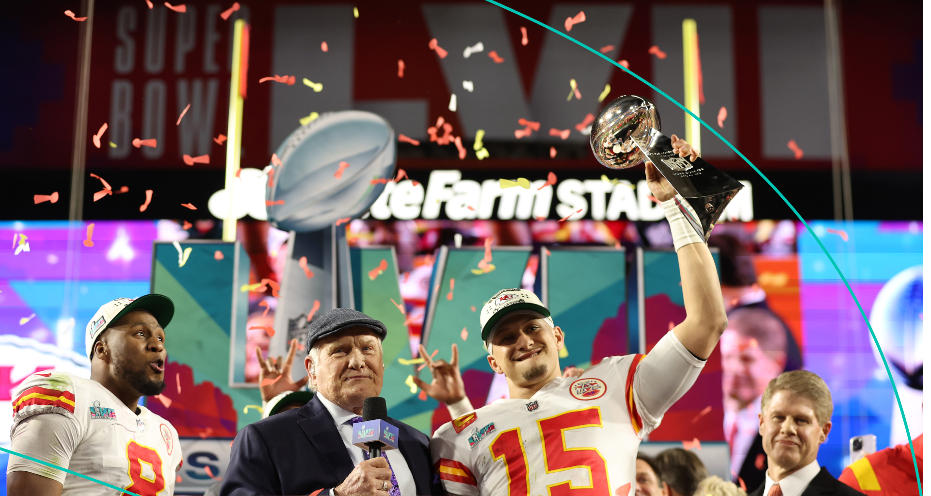 Patrick Mahomes of the Kansas City Chiefs celebrates with the the Vince Lombardi Trophy after defeating the Philadelphia Eagles 38-35 in Super Bowl LVII at State Farm Stadium on February 12, 2023 