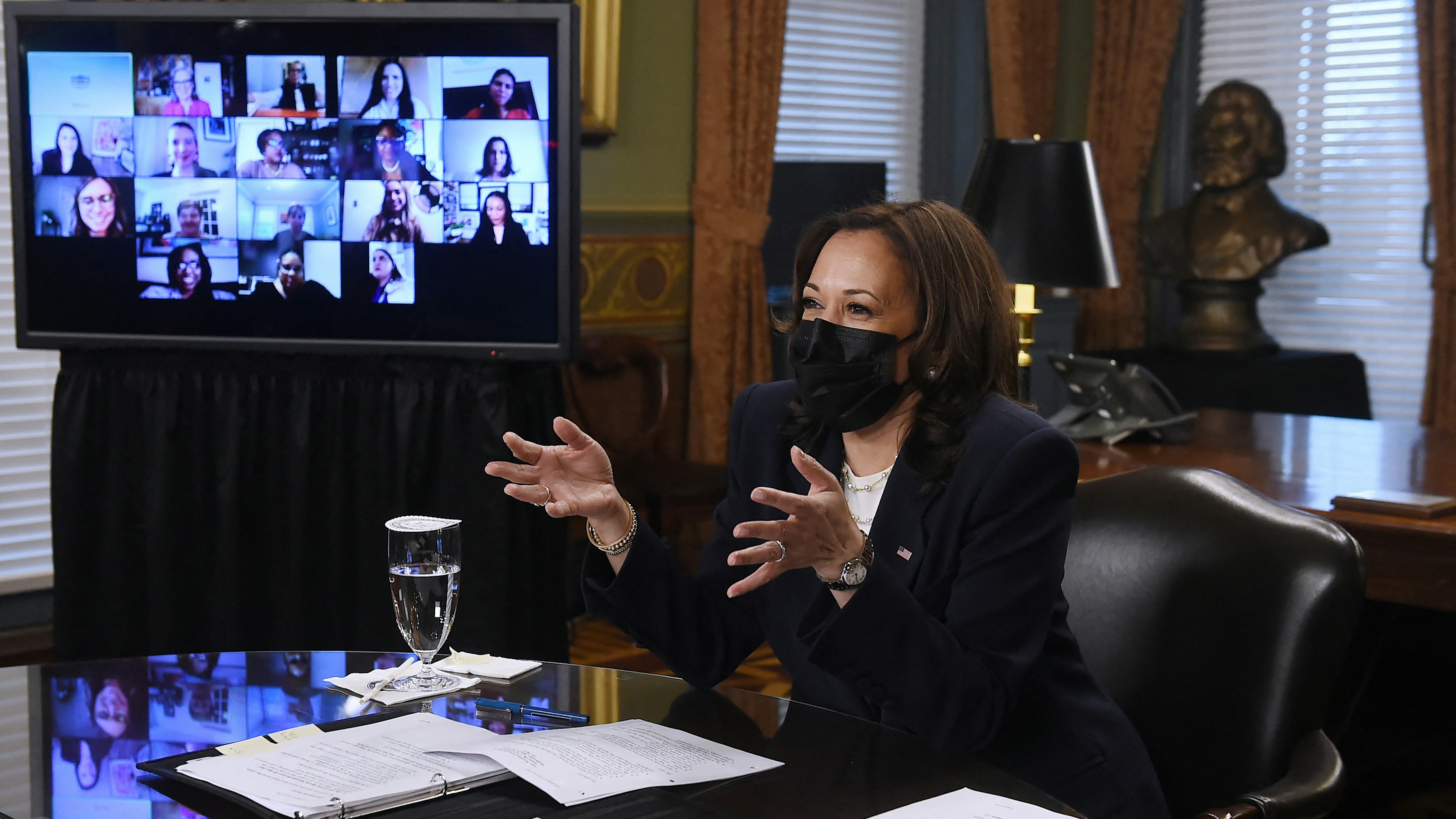 US Vice President Kamala Harris participates in a roundtable discussion on Equal Pay Day with women leaders of advocacy organizations on March 24, 2021.