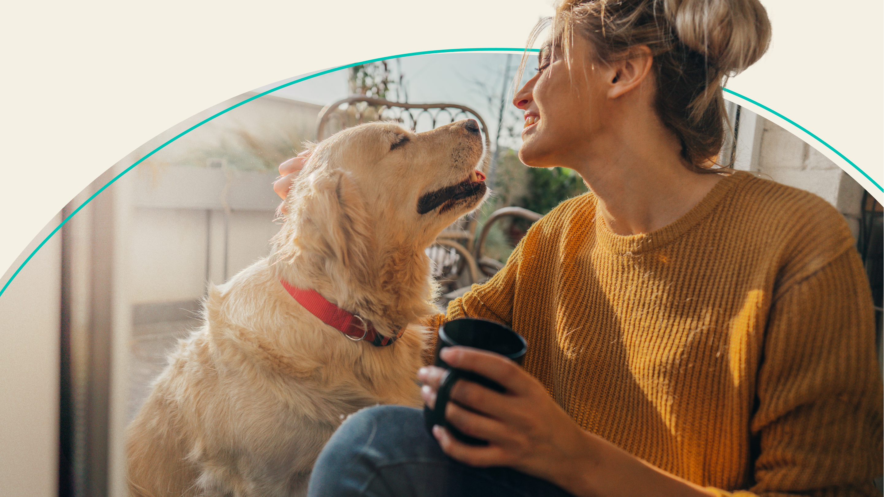 Woman enjoys sunlight with her dog and a coffee mug
