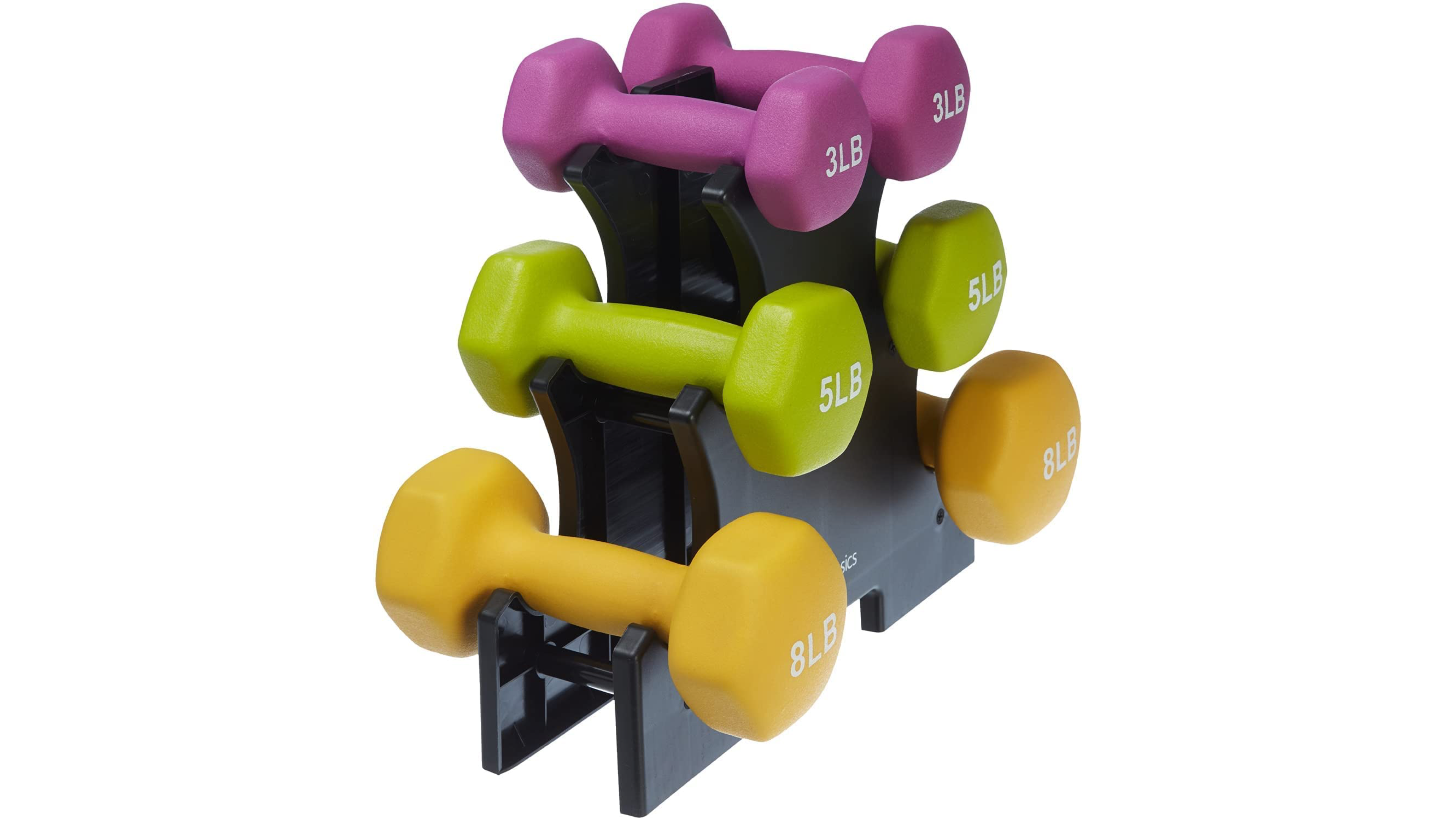 neoprene-coated dumbbells set of three with a rack