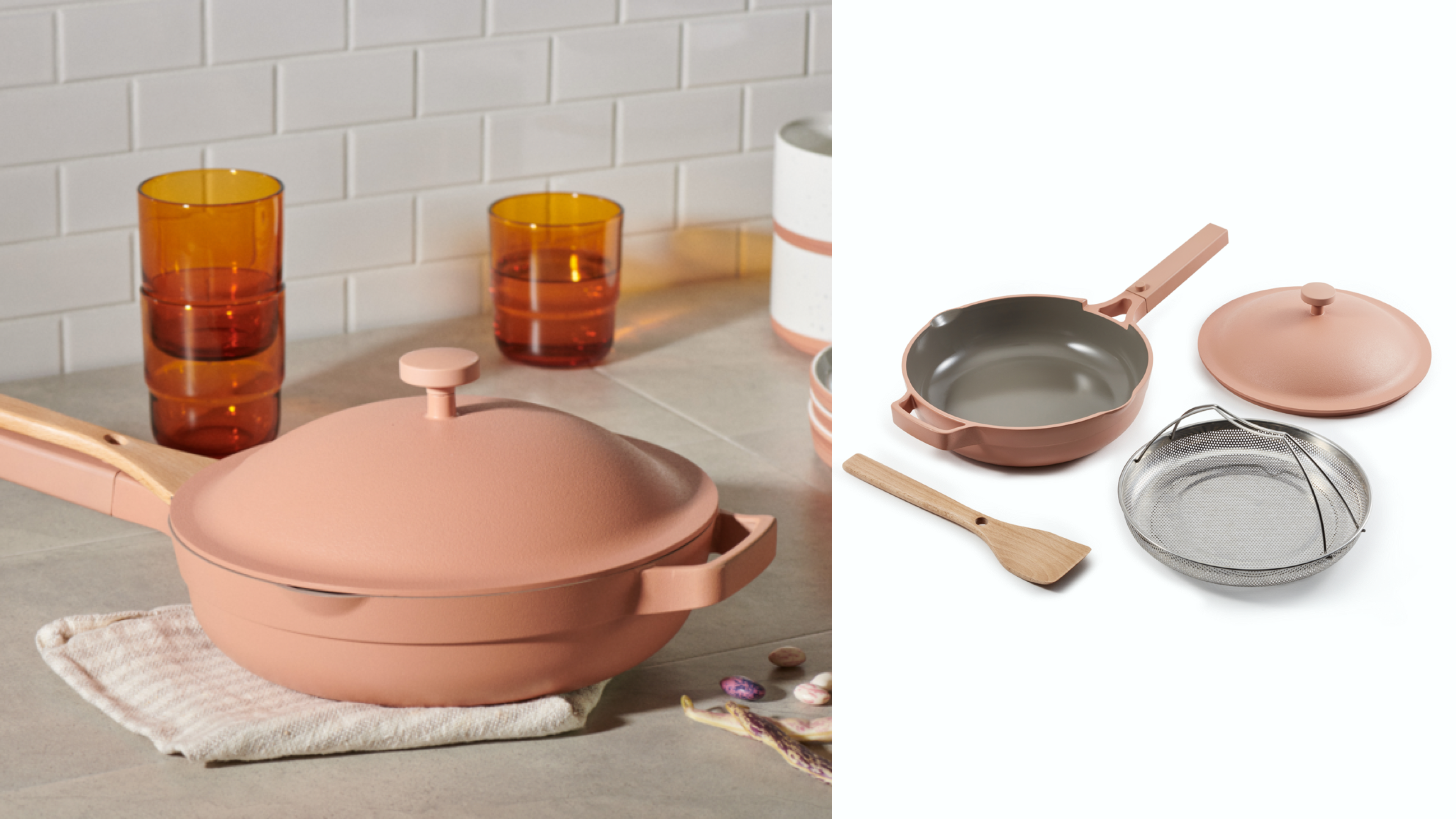 nonstick pan for everyday use with a nested steaming basket and beechwood utensil
