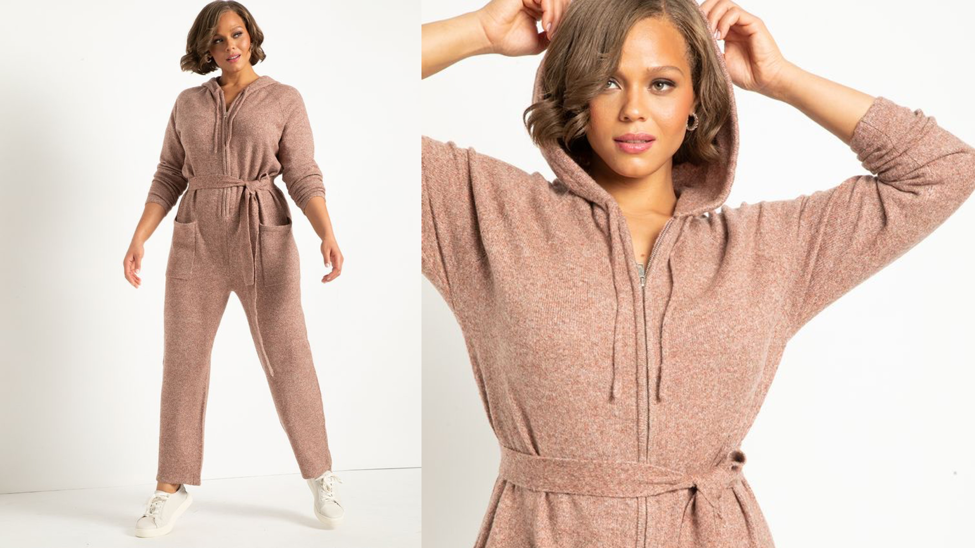 sweater jumpsuit with waist tie and hood