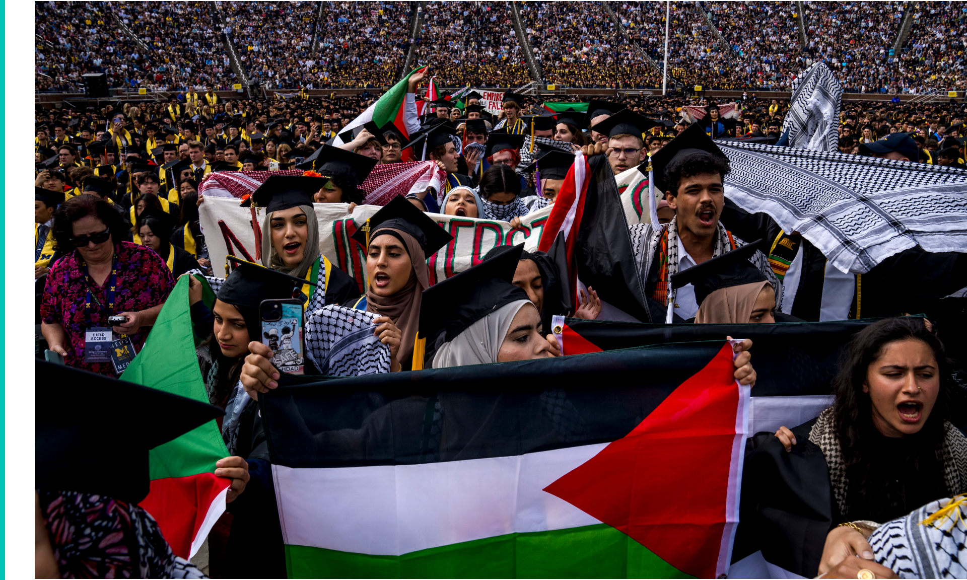 Students demonstate during a Pro-Palestinian protest during the University of Michigan's spring commencement ceremony on May 4, 2024
