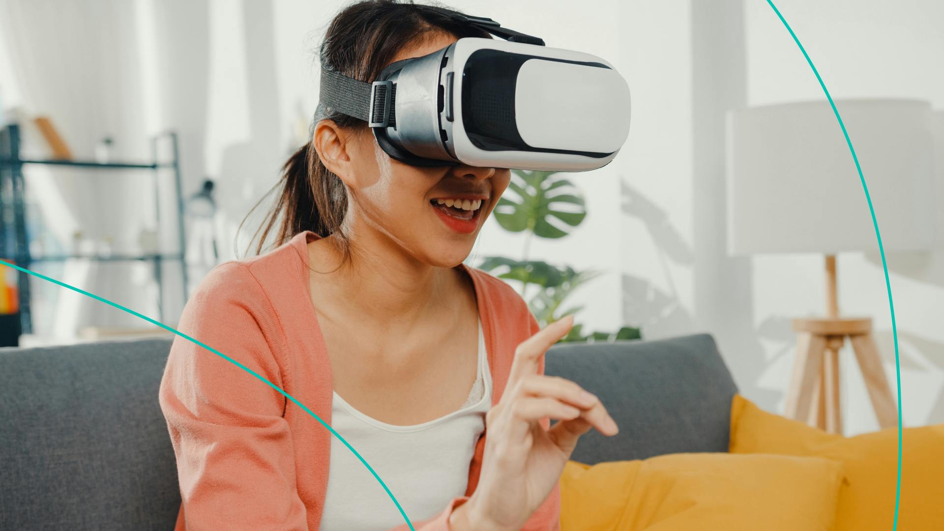 A woman smiles as she wears VR Glasses