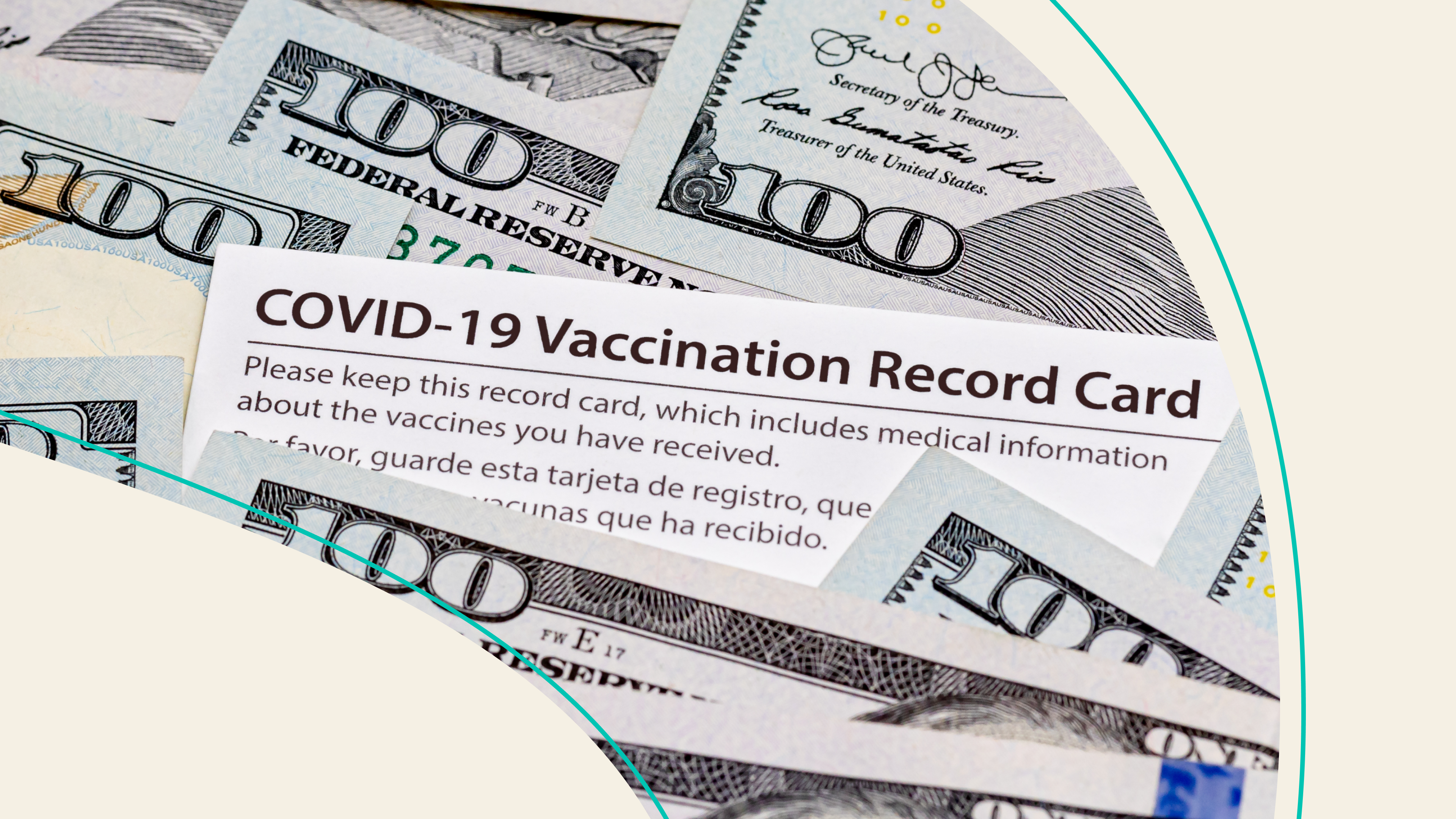 A covid vaccine record card among $100 bills.