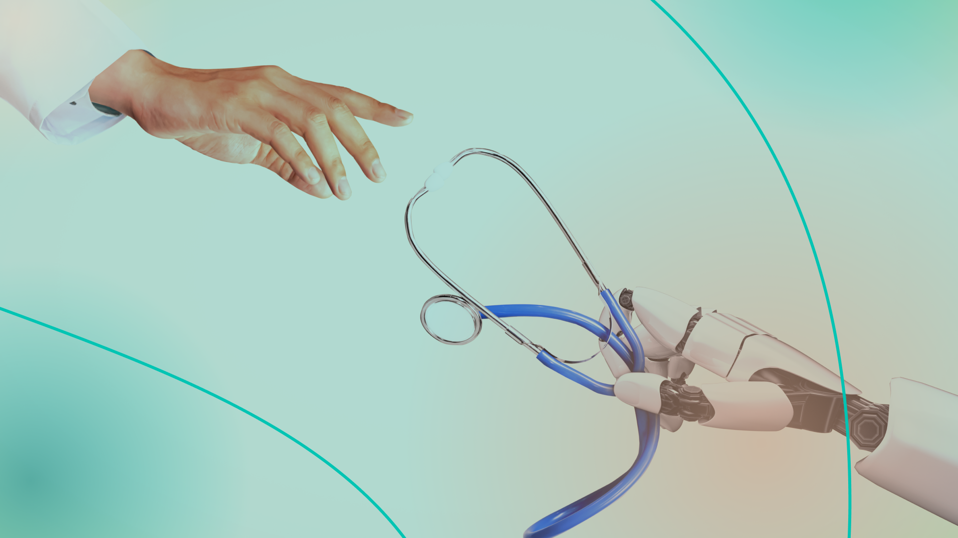 human hand reaching toward robot hand holding stethoscope 