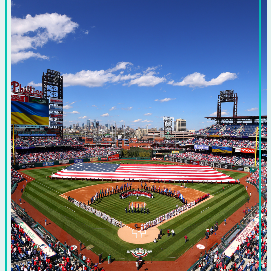 An opening day baseball game between the Oakland Athletics and Philadelphia Phillies.