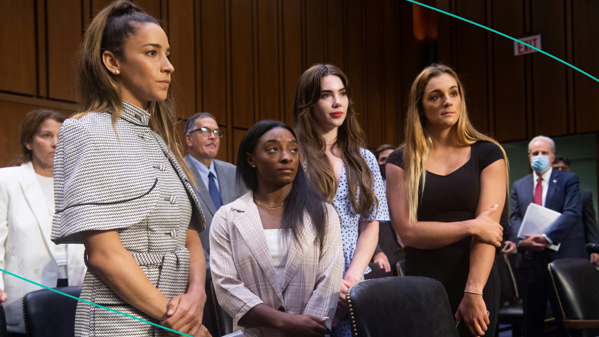 U.S. Olympic gymnasts Aly Raisman, Simone Biles, McKayla Maroney and NCAA and world champion gymnast Maggie Nichols leave after testifying during a Senate Judiciary hearing on Capitol Hill, September 15, 2021 in Washington, DC.