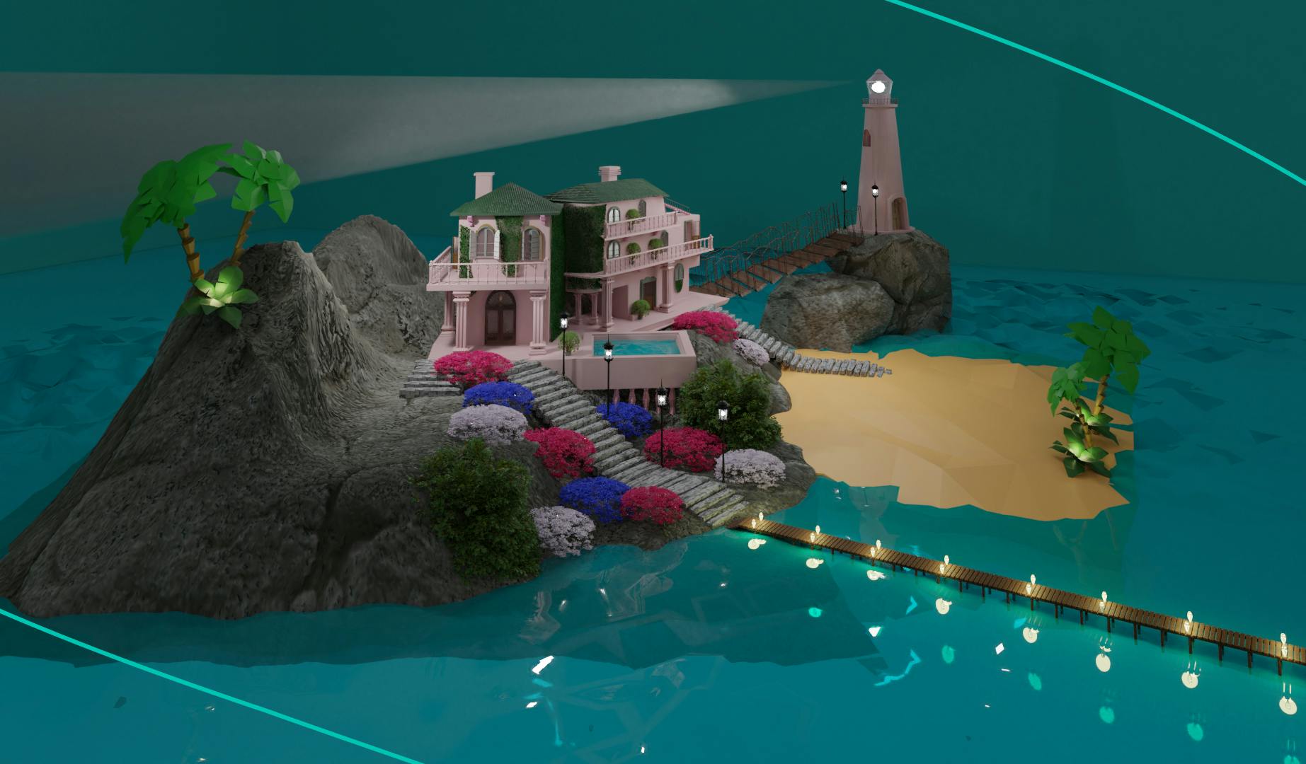A rendering of Pinkyteau Villa which is part of Fantasy Islands