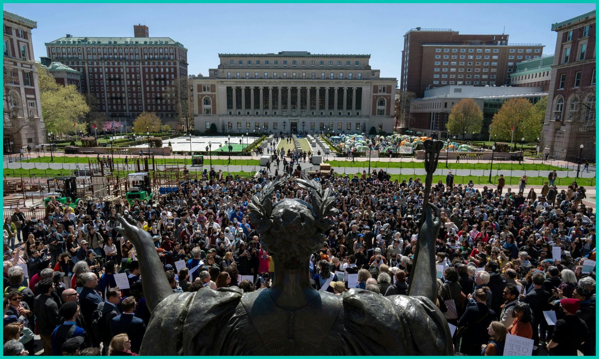A pro-Palestine rally is held at the steps of Lowe Library on the grounds of Columbia University on April 22, 2024
