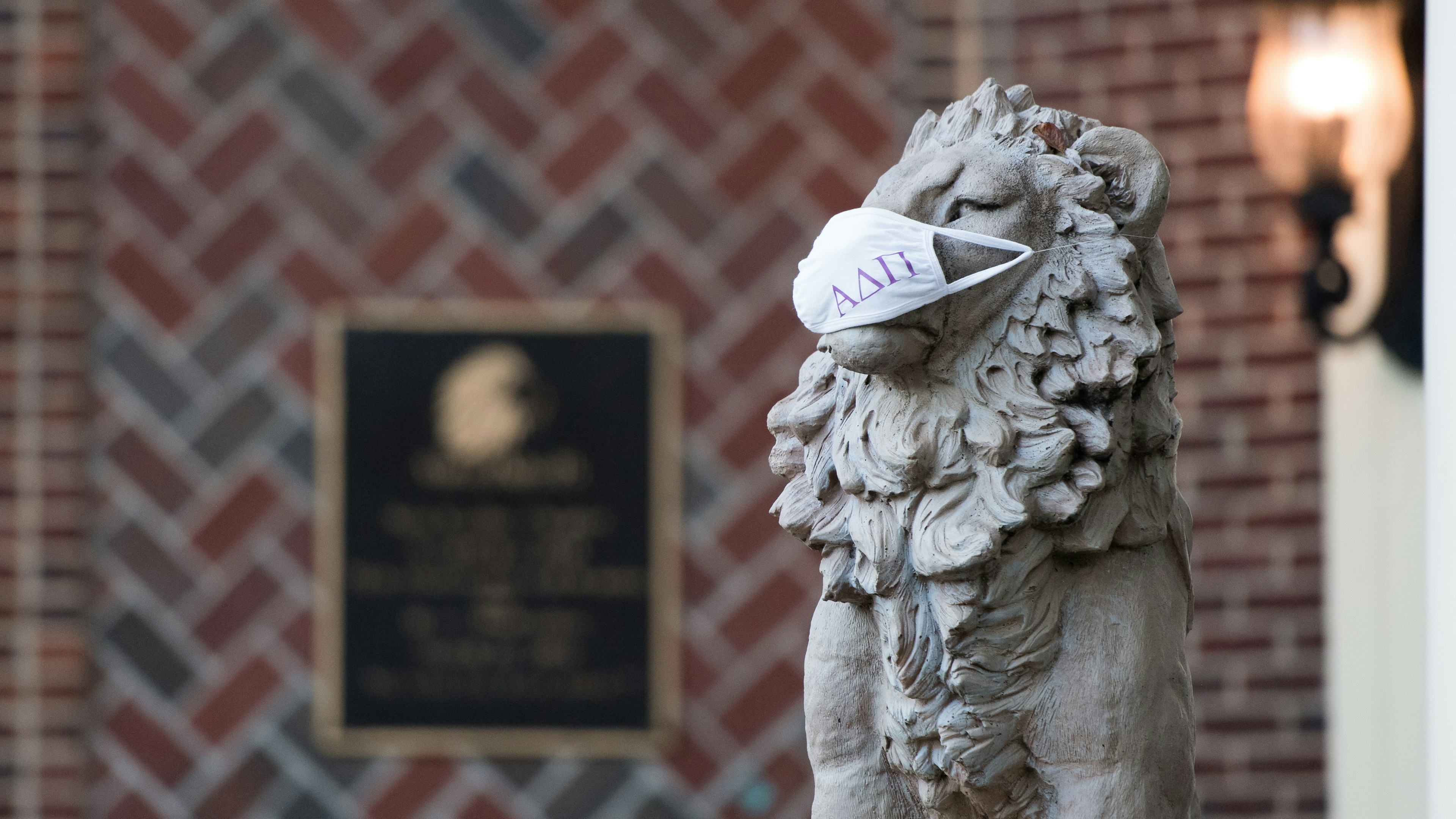 A mask adorns a statue of a lion in front of the Alpha Delta Pi sorority house on September 3, 2020 in Columbia, South Carolina.